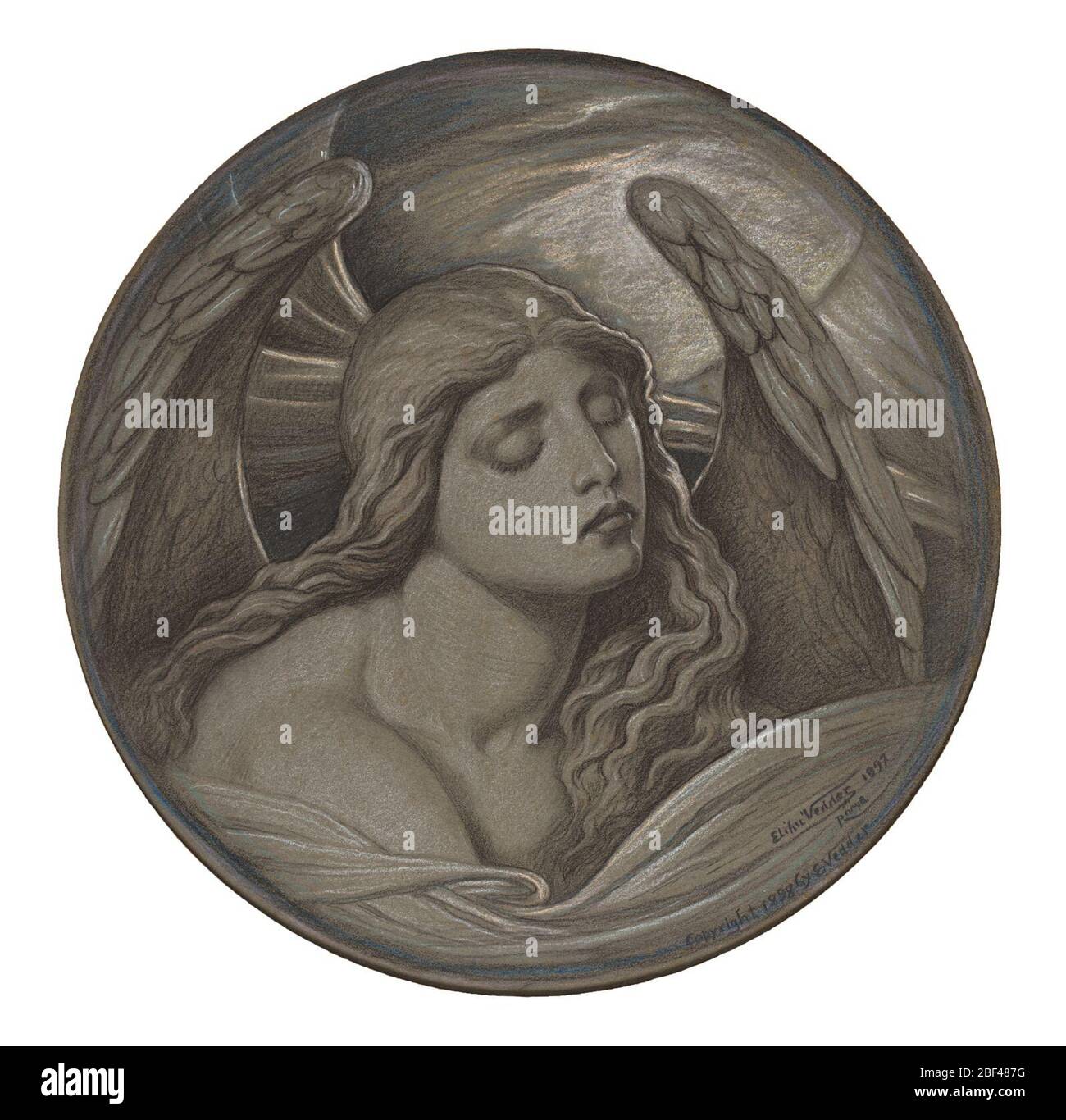 Étude de Soul à Bondage. Une figure féminine avec ailes, tournée vers la droite. Ses ailes se montent derrière elle, encadrant sa tête. Banque D'Images