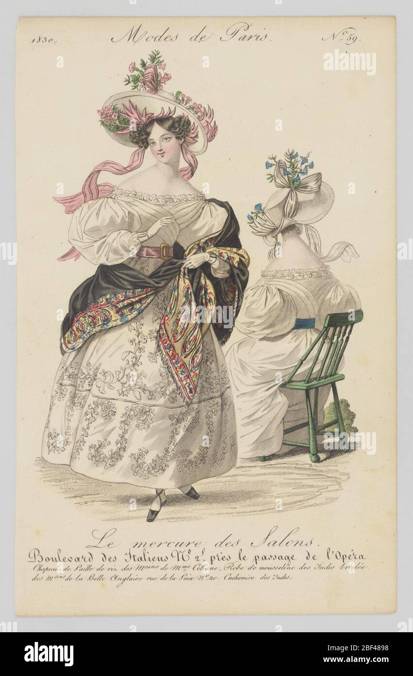 Assiette 59 modes de Paris Paris mode le Mercure de salons Mercure des salons. Illustration de la mode avec une femme sur la gauche tournée vers l'avant, portant une robe longue, volumineuse, blanche et sans épaules, qui comprend des ornements floraux sur la jupe. Banque D'Images