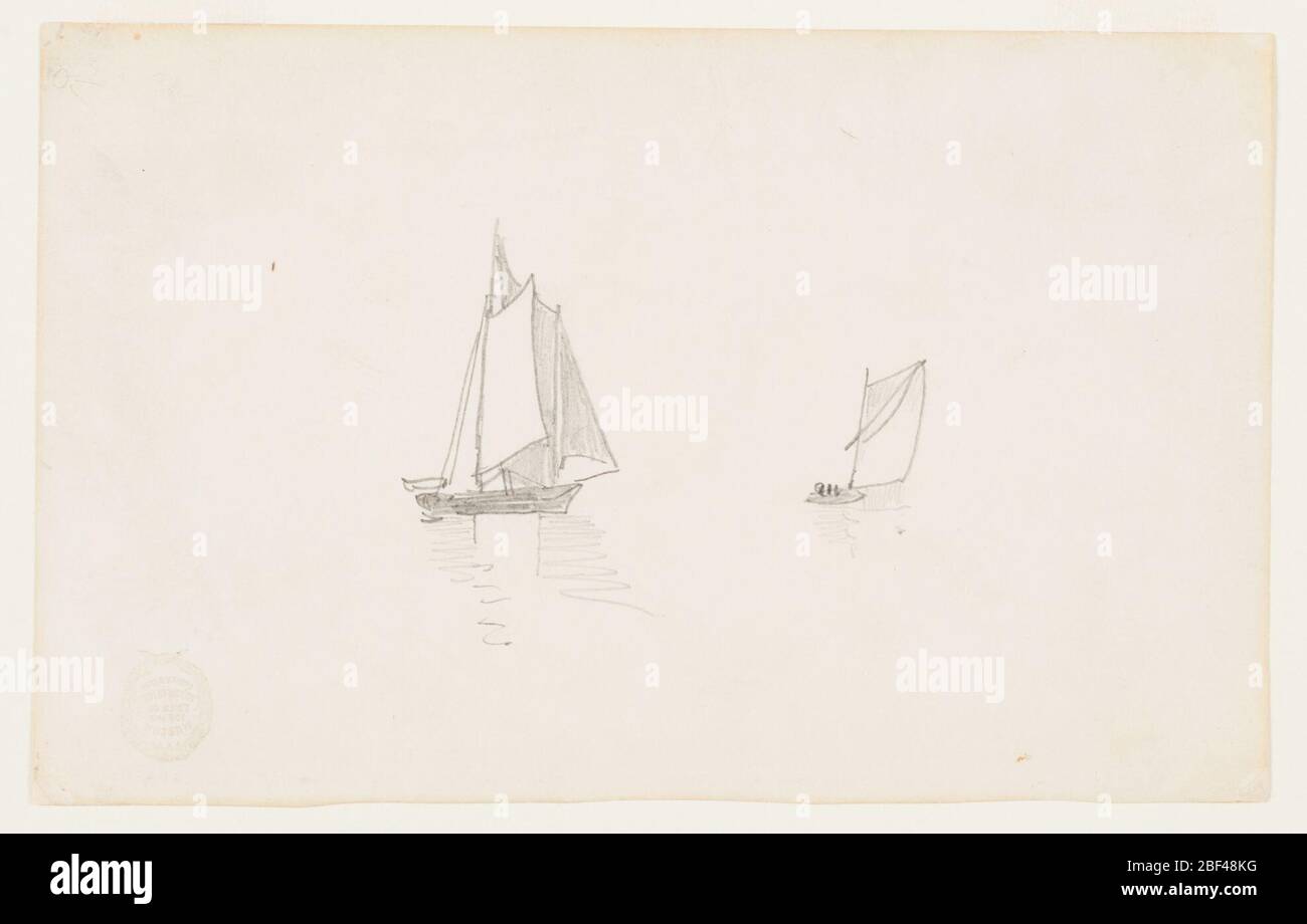 Schooner Twomased. Vue horizontale d'une goélette à deux mâts sur la gauche, avec un petit voilier sur la droite. Banque D'Images