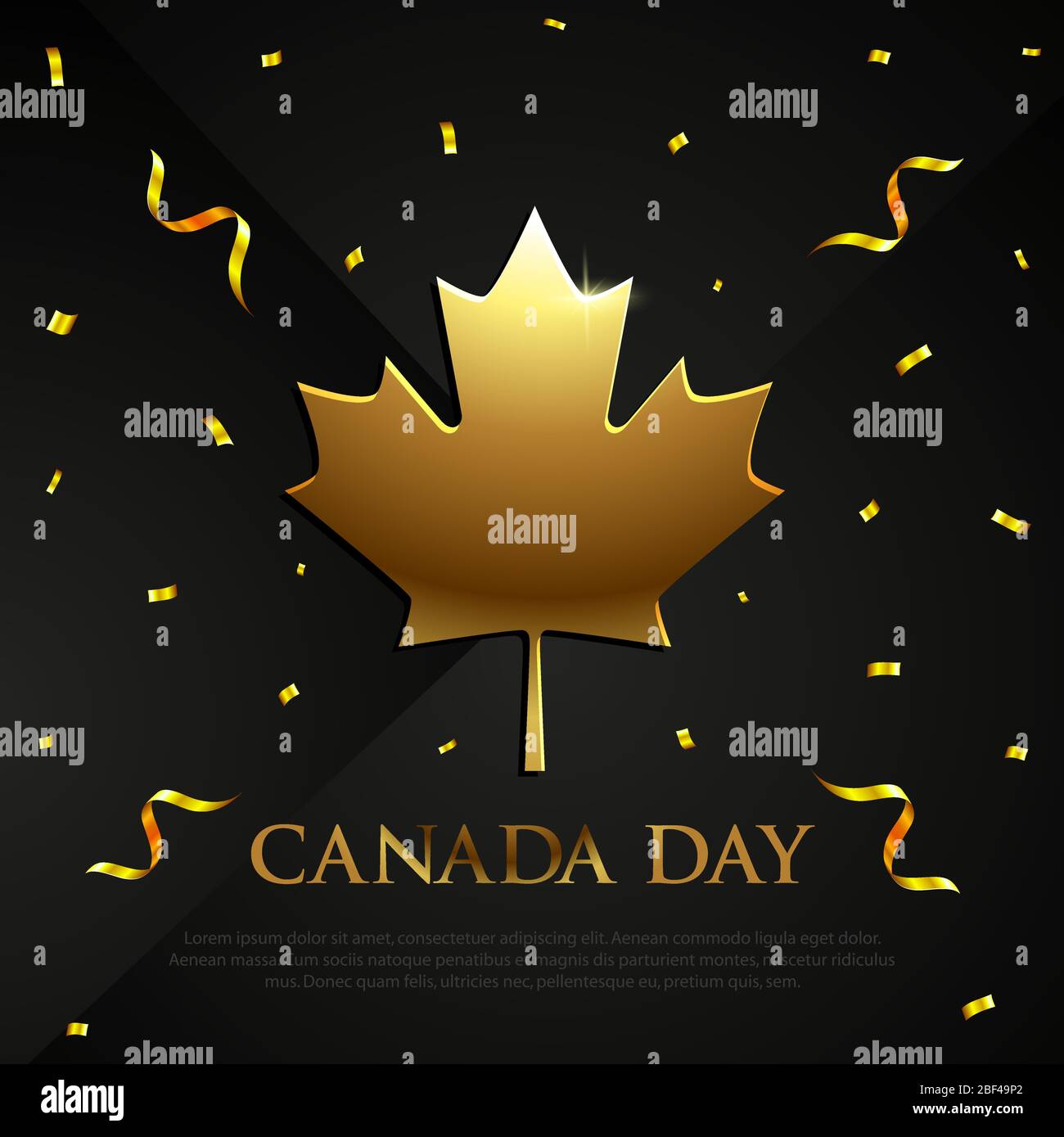 Bannière carrée avec Happy Canada Day, feuille d'érable dorée et confetti sur fond noir. Modèle avec place pour texte. Style de luxe Illustration de Vecteur