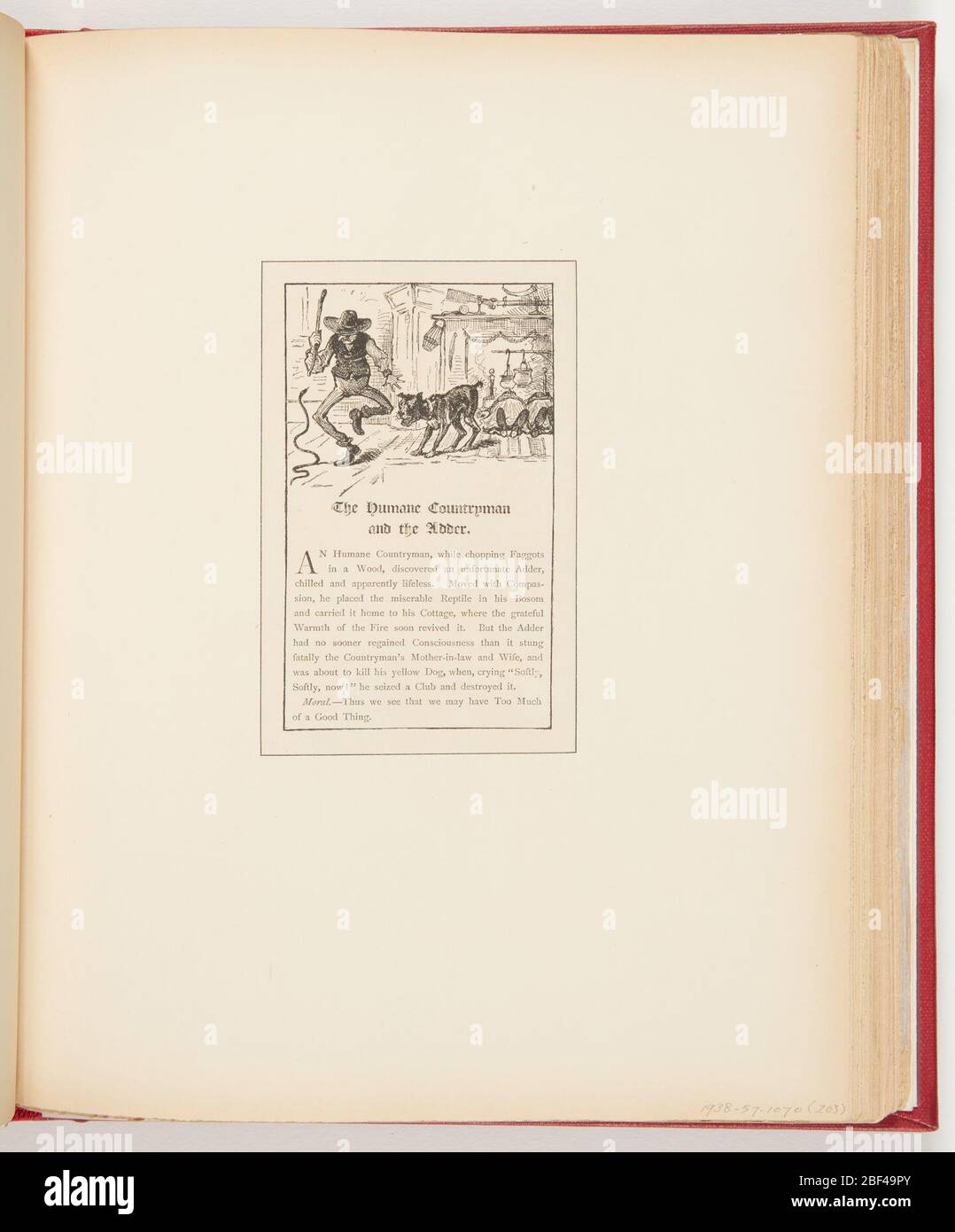 Le Humane Countryman et l'Adder. Bref récit sur un vieil homme sauvant un serpent sans vie et le regrettant ensuite. En haut à gauche, homme avec chapeau et bâton dans la main, lutte avec snack, en bas à gauche. Centre inférieur, chien avec collier. Contexte, foyer avec deux figures devant, en posant sur le sol. Banque D'Images