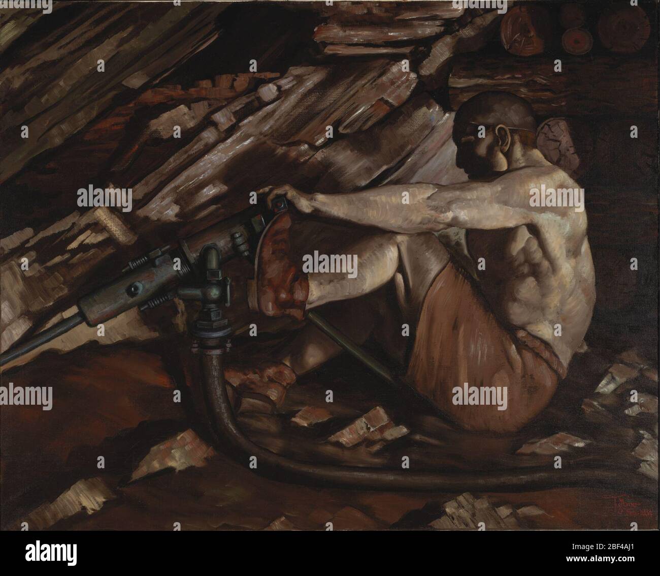 Or est où vous le trouvez. Cette peinture déforme le spectateur dans une mine d'or californienne où un mineur sueur s'enorne d'un pied contre son puissant foret pneumatique. Il est coincé dans un suceur, des trous ennuyeux qui seront farcis avec de la dynamite, qui ouvrira de nouvelles sections de la veine d'or. Banque D'Images