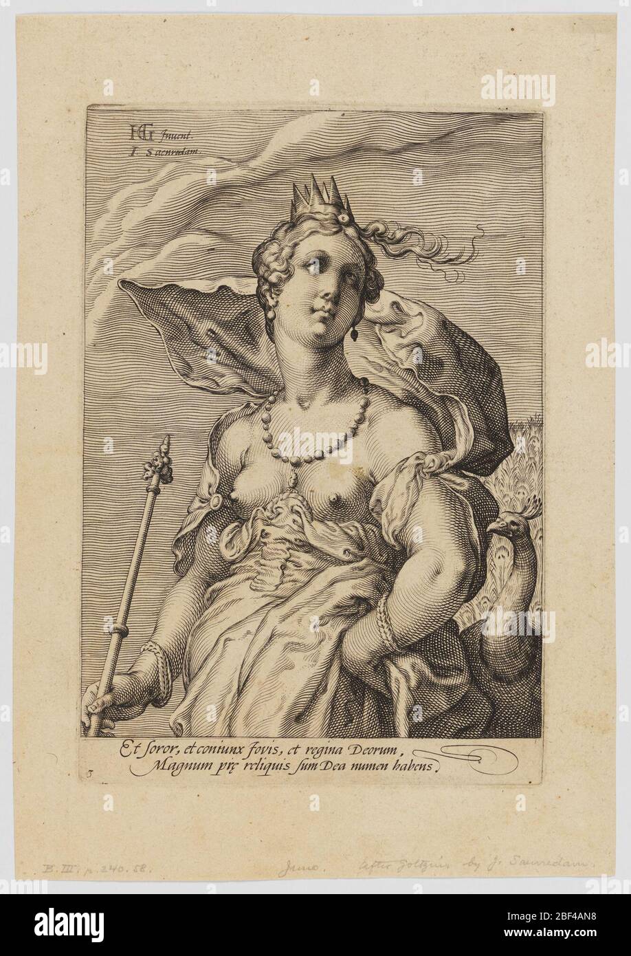 Juno des trois déesses. Juno, demi-longueur, portant une couronne et tenant un sceptre, accompagné d'un paon à droite Banque D'Images