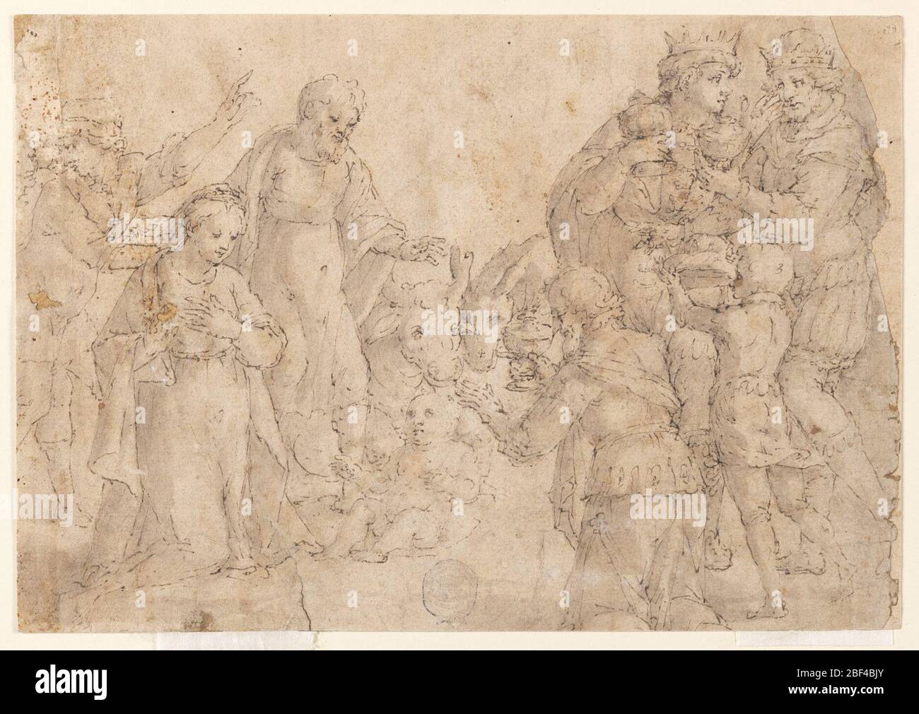 L'adoration des Mages. Un boeuf et un âne sont représentés au centre, derrière l'enfant avec la Vierge, Joseph, et un berger à gauche. À droite se trouve le vieux roi pétrir, présentant son don, et deux autres rois. Banque D'Images