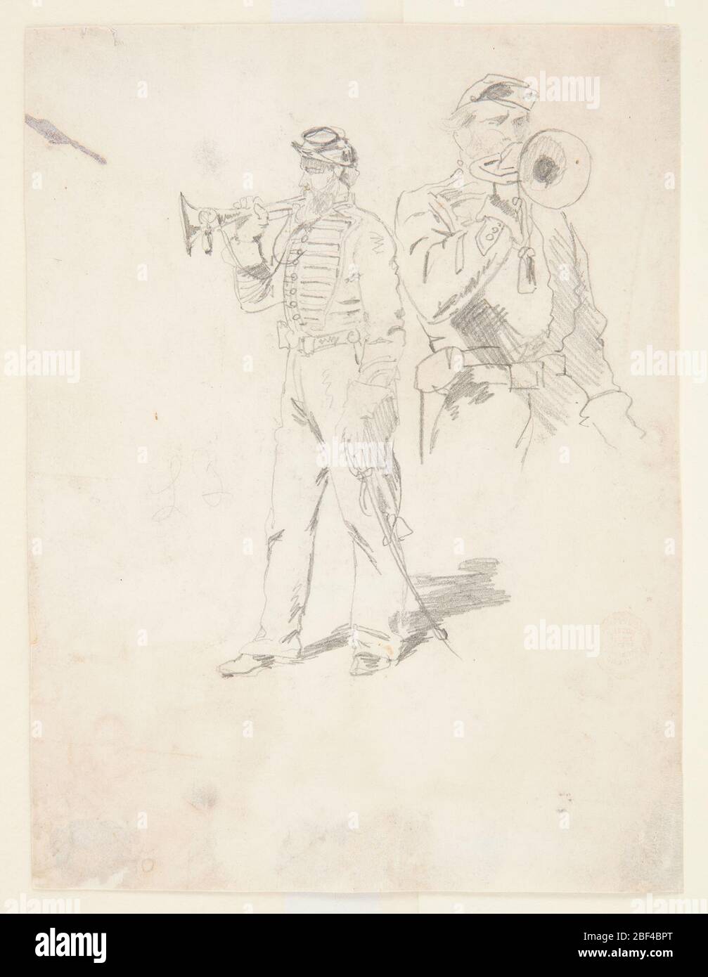 Deux études d'un bugler. Recto: Vue verticale sur toute la longueur d'un soldat barbu, en casquette et uniforme, face à gauche et soufflant d'un bugle avec sa main droite, tout en tenant une épée dans sa main gauche. Banque D'Images