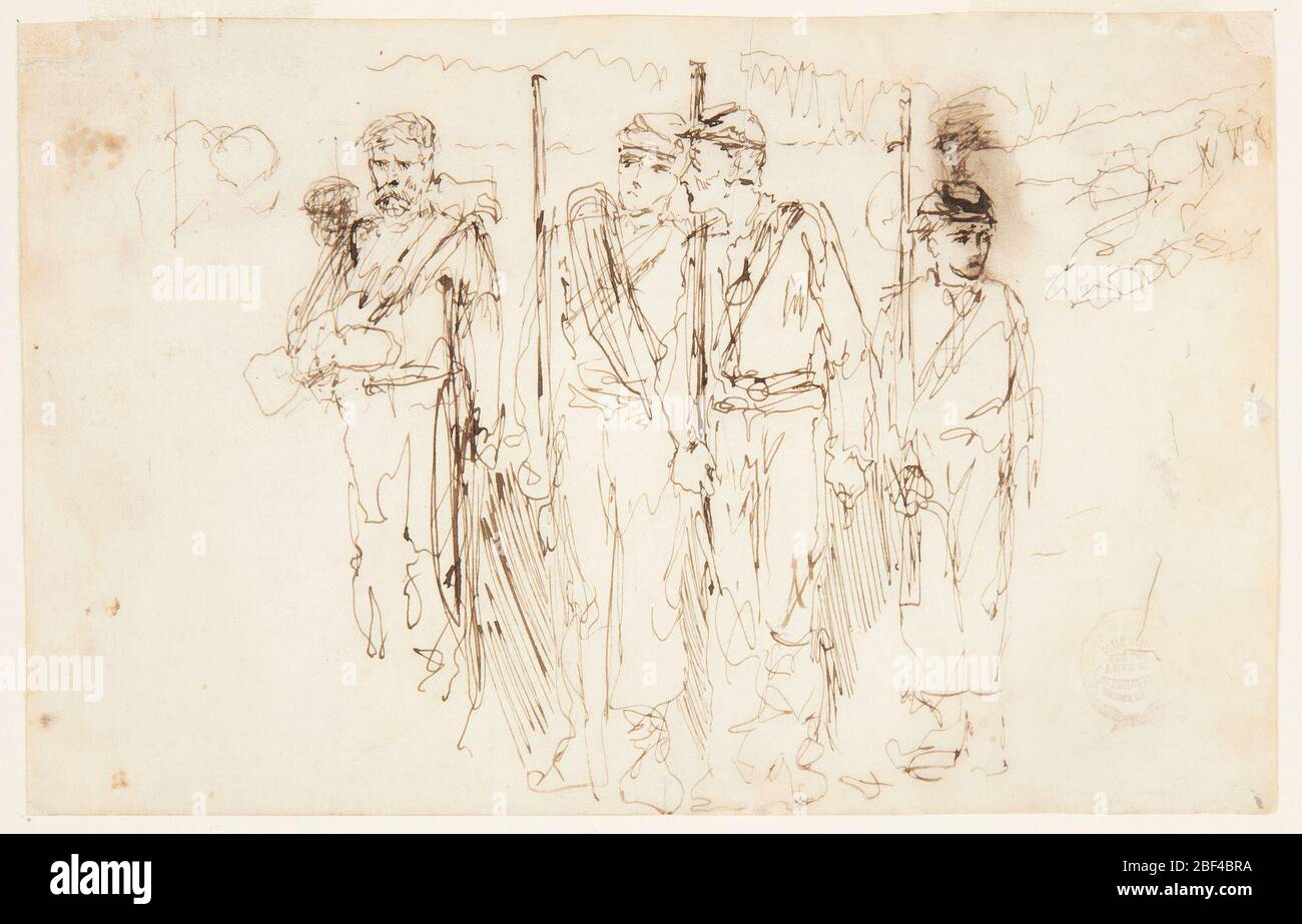La Marche blessée. Croquis horizontal sans serrer de quatre soldats : trois mousquets de maintien debout et un, à gauche avec une barbe et une moustache, tenant son fusil sur son côté. Le soldat à droite est plus petit que les autres et semble bon. Le soldat du milieu semble à gauche. Banque D'Images