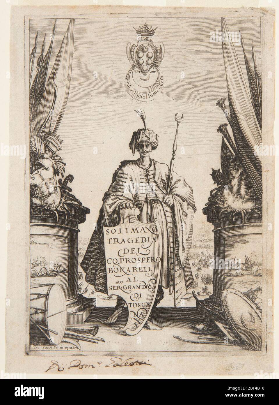Frontispiece du deuxième État de Soliman. Rectangle vertical. Un homme en robe turque, debout, face à la façade et tenant un bouclier qui est inscrit avec le titre, l'auteur, et le nom du Grand-duc de Toscane, à qui le jeu, "il Solimano" est dédié. Banque D'Images