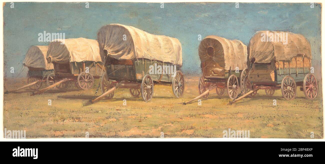 Étude des wagons couverts. Rectangle horizontal. Vue oblique de cinq wagons debout sur l'herbe. Ciel bleu. Banque D'Images