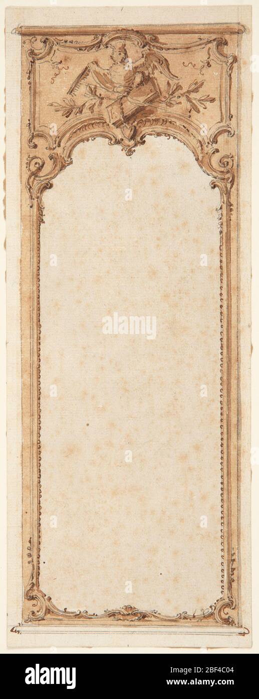 Conception d'un cadre de miroir. Dans un panneau sur le verre, une chouette saisit dans ses griffes un râteau et un livre dont un coeur est suspendu sur une chaîne. Banque D'Images