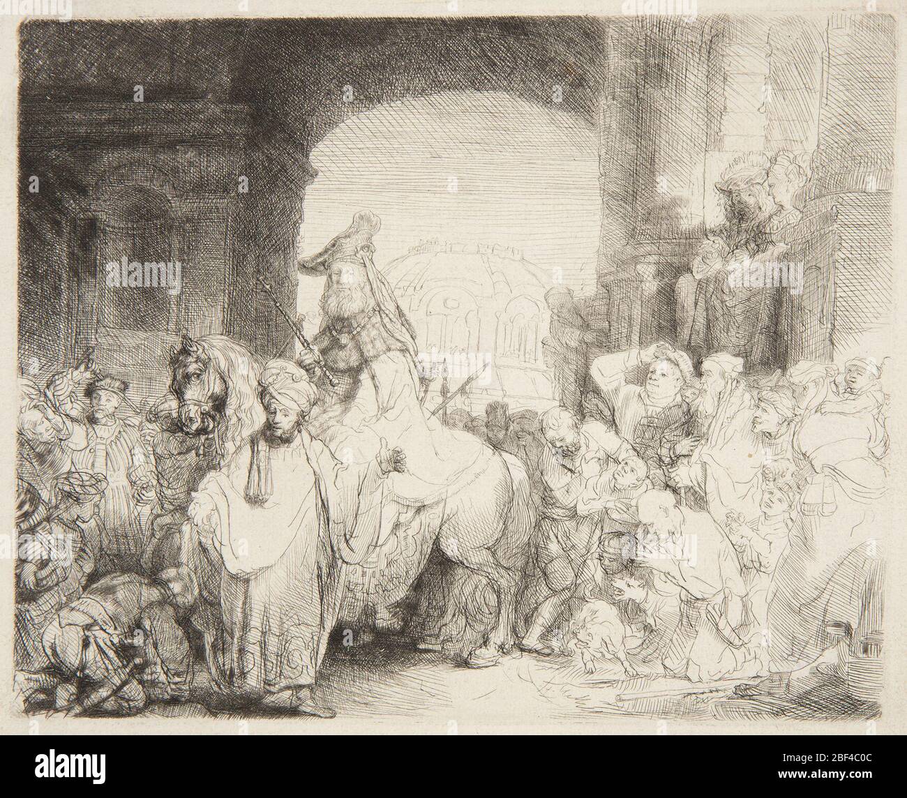 Triomphe de Mordecai. Dans une voie archique, Mordecai, à cheval, est entouré d'un grand groupe de personnes. Au premier plan, à gauche, une figure déplacée avance, gestuelle au spectateur. Banque D'Images