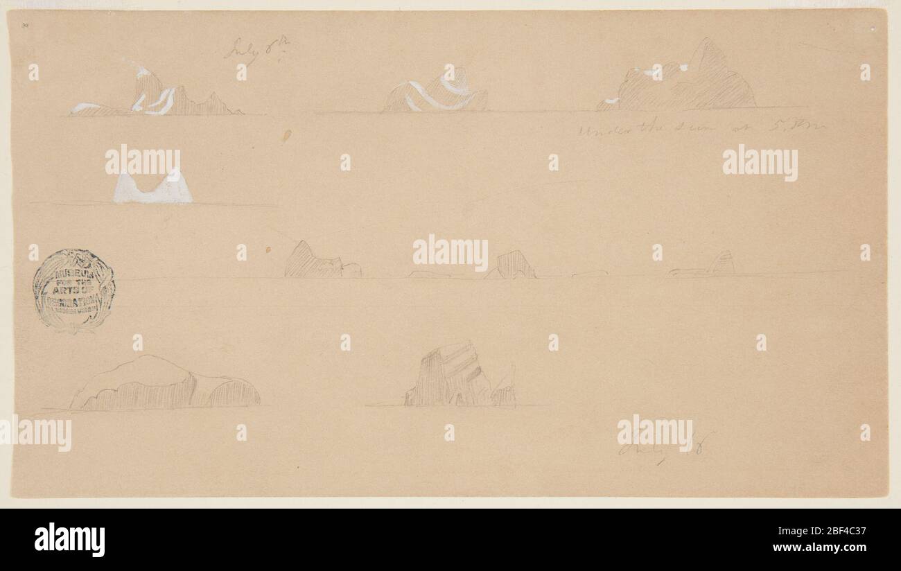 Icebergs flottants. En haut, vue lointaine sur trois icebergs. Deuxième rangée : vue éloignée d'un iceberg. Troisième ligne: Vue à distance de cinq icebergs. Rangée inférieure : deux dessins d'un seul iceberg. Banque D'Images