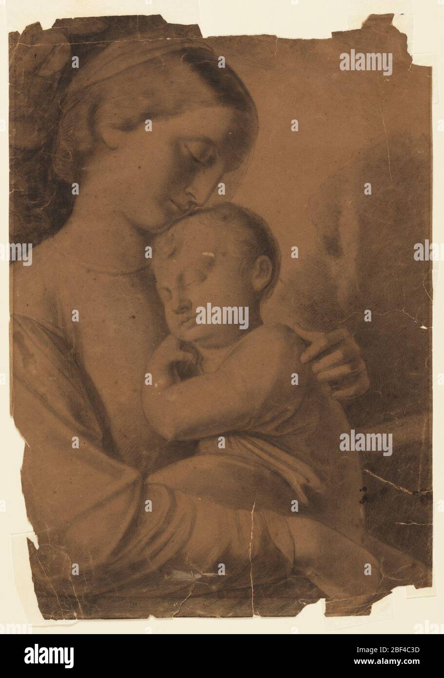 Madonna et enfant. Travail étudiant. La figure de la Vierge, demi-longueur, tournée vers la droite, tenant l'enfant endormi dans ses bras. Banque D'Images