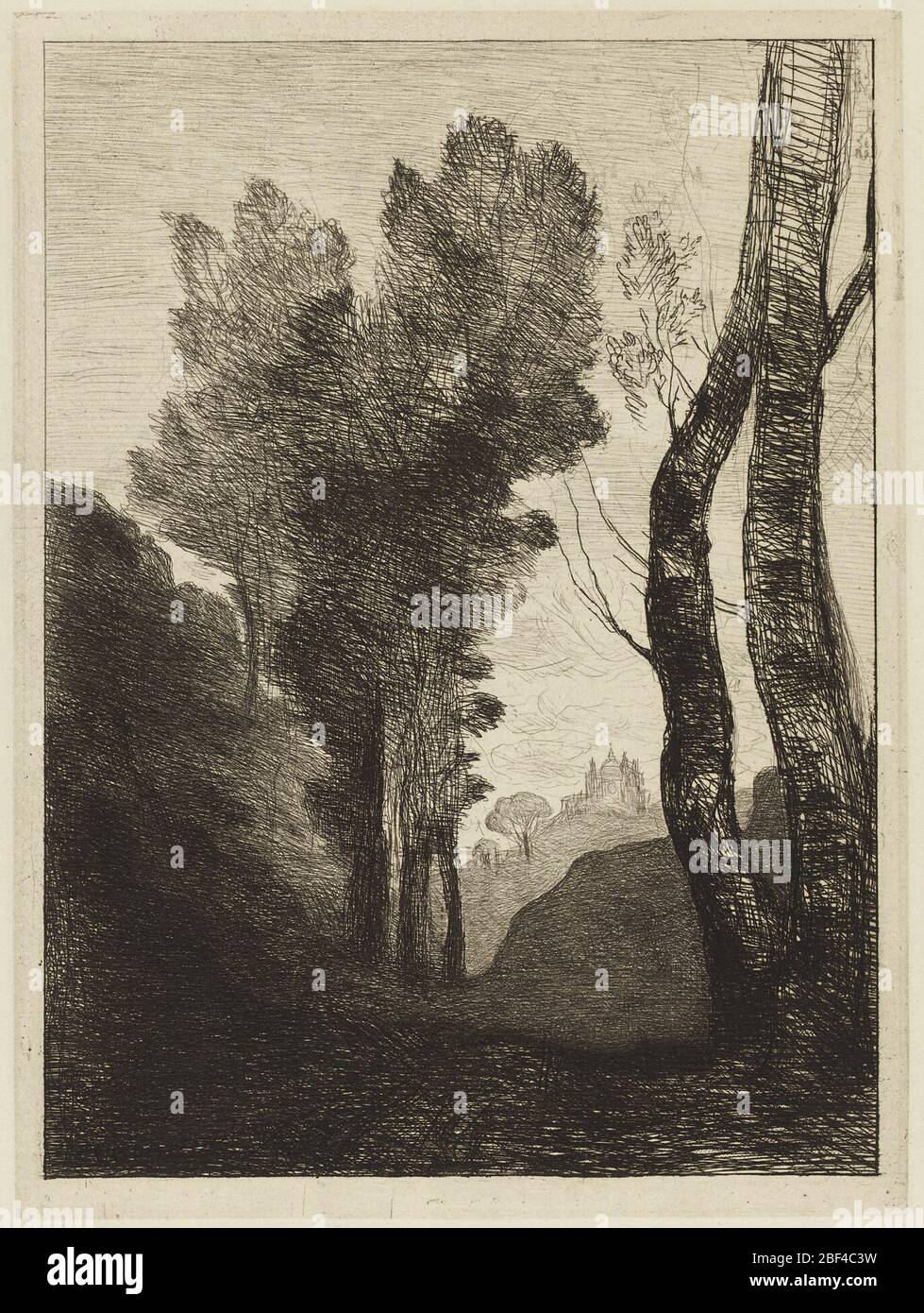 Environs de Rome. Au-delà d'un premier plan boisé écliptique, avec deux troncs d'arbres, à droite, et un groupe d'arbres, à gauche, s'élève une église avec un dôme et des tours jumelles, située sur le côté d'une colline. Banque D'Images