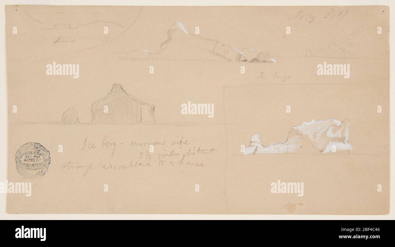Iceberg avec une étrange ressemblance avec une maison. En haut à gauche, croquis de la côte. En haut à droite, vue sur un iceberg au premier plan et une autre dans le fond droit. En bas à gauche, croquis d'un iceberg avec une ressemblance avec une maison. En bas à droite, un iceberg, encadré. Banque D'Images