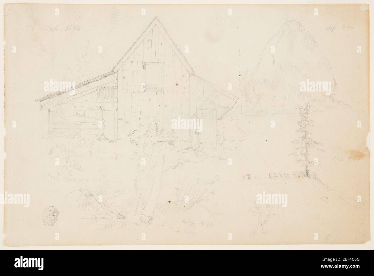 Esquisse d'une barre et Haystack. Feuille d'un croquis. Recto: Une petite grange vue de la fin, avec des arbres de broussailles, inscrit 'Sycamore' au premier plan. Banque D'Images