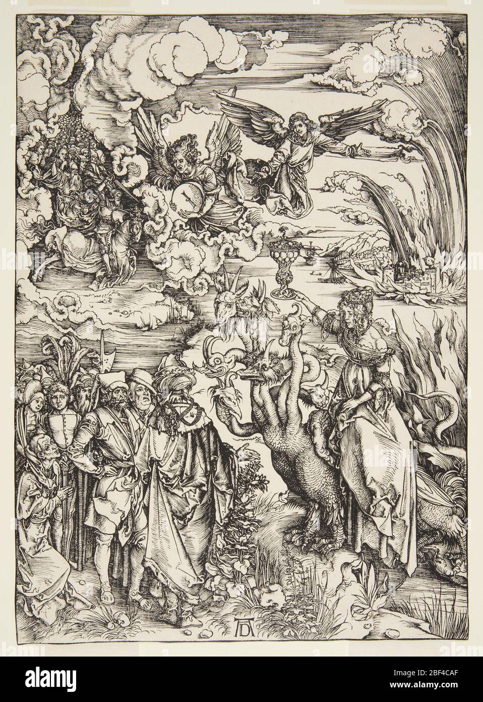 Le corvée de Babylone de l'Apocalypse. Scène extérieure dense et dramatique; nuages en coin pour révéler des anges ailées guidant une foule en plein air, dirigée par les cavaliers de l'apocalypse (?), en haut à gauche. Banque D'Images