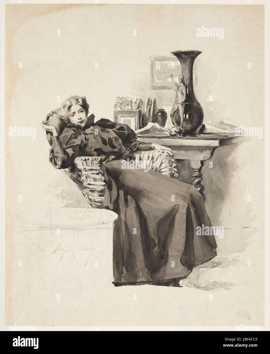 Fille dans un fauteuil en osier. Une femme, vêtue de vêtements des années 1890, s'inclinera dans une chaise en osier, une table avec la vie toujours derrière elle. Une autre table avec une théière et une tasse est légèrement esquissée en graphite, en bas à gauche. Banque D'Images