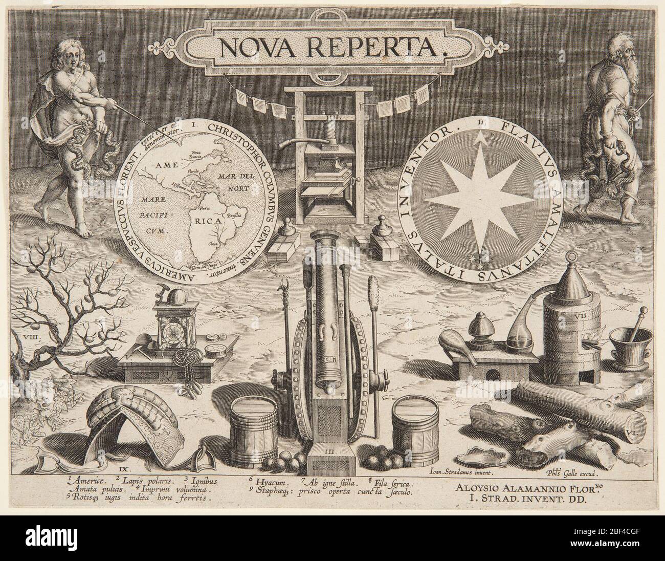 Page de titre de Nova Reperta. Centre supérieur: Une tablette avec l'inscription: NOVA REPERTA ci-dessous, une presse à imprimer et un canon, flanqué à gauche par un globe, et à droite par un compas. Banque D'Images