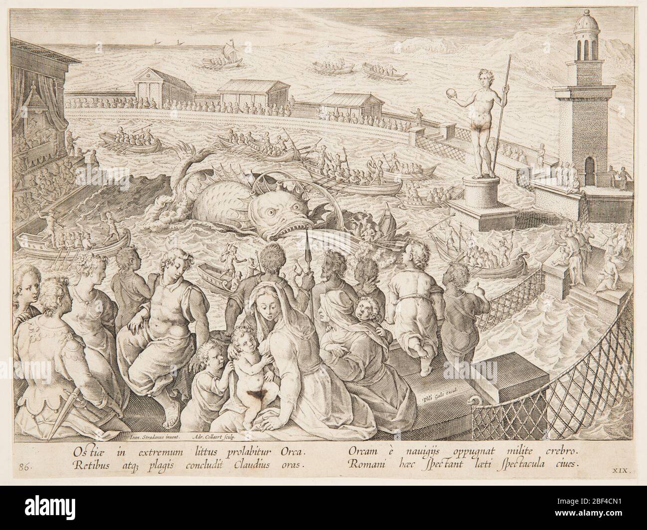 Chasse aux baleines par l'empereur Claudius dans le port d'Ostia pl 19 dans la série Pistium de Venationes Ferarum avium. Scène de l'assaisonnement figural, avec des groupes au premier plan observant un monstre de mer d'orca piégé dans une zone fortifiée. Une statue et une tour à droite. Des bateaux ouverts remplis d'hommes entourent le monstre, tandis que les spectateurs regardent du mur. Banque D'Images