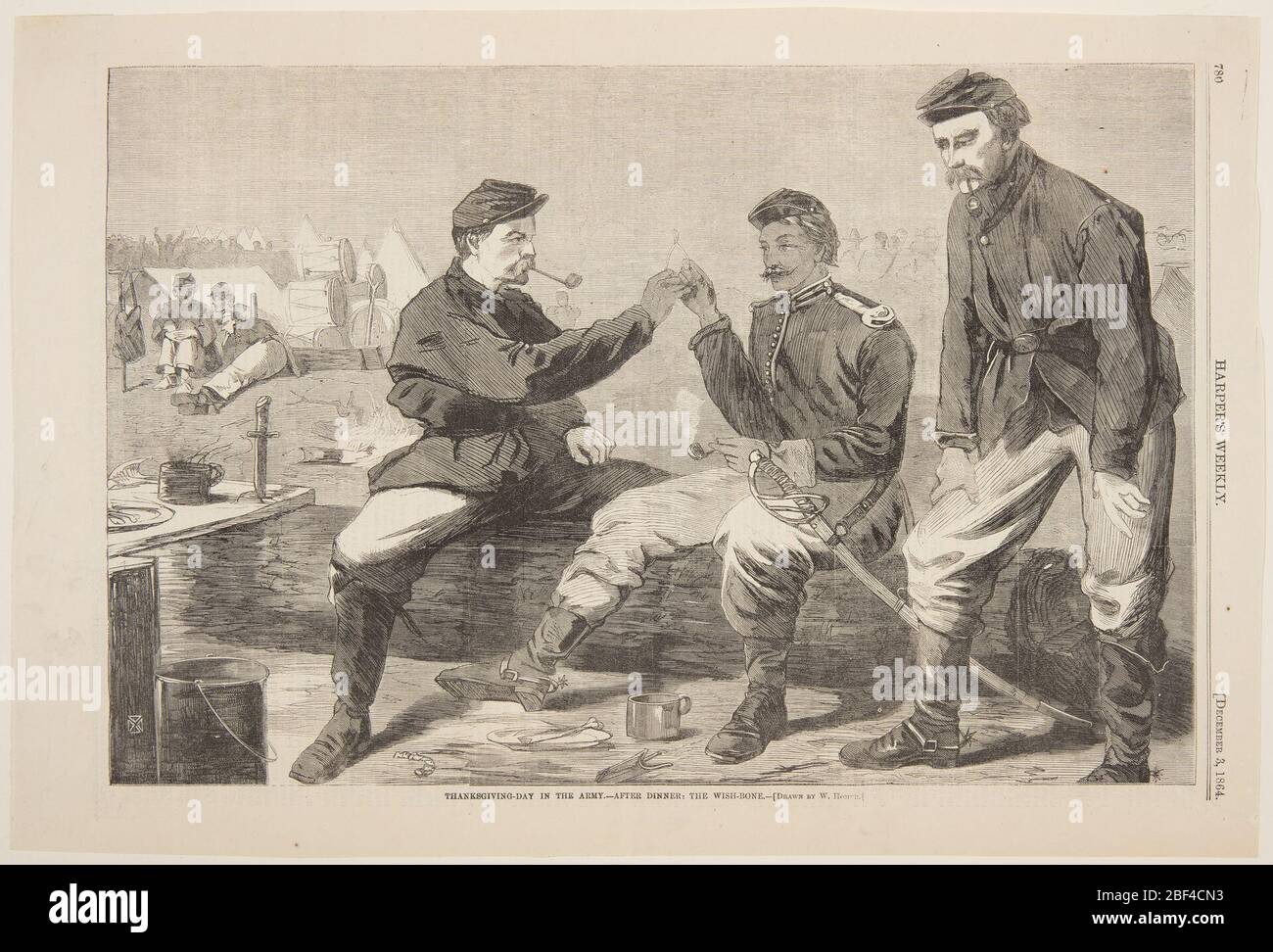 ThanksgivingDay dans l'armée après le dîner le triangle. Union soliders dans le camp après un repas de Thanksgiving, sur le point de briser le triangle. Banque D'Images