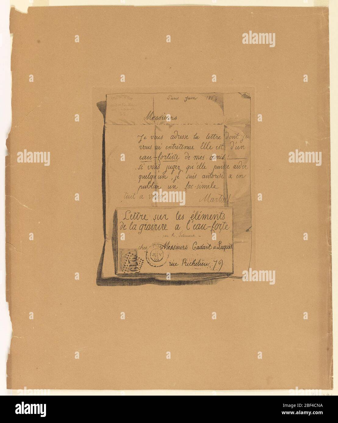 Lettre sur les eaux de la gravité lEauforte lettre sur les éléments de gravure Page 2. Une des cinq feuilles sur les techniques de gravure avec des illustrations de divers processus impliqués, comme des vignettes. Banque D'Images