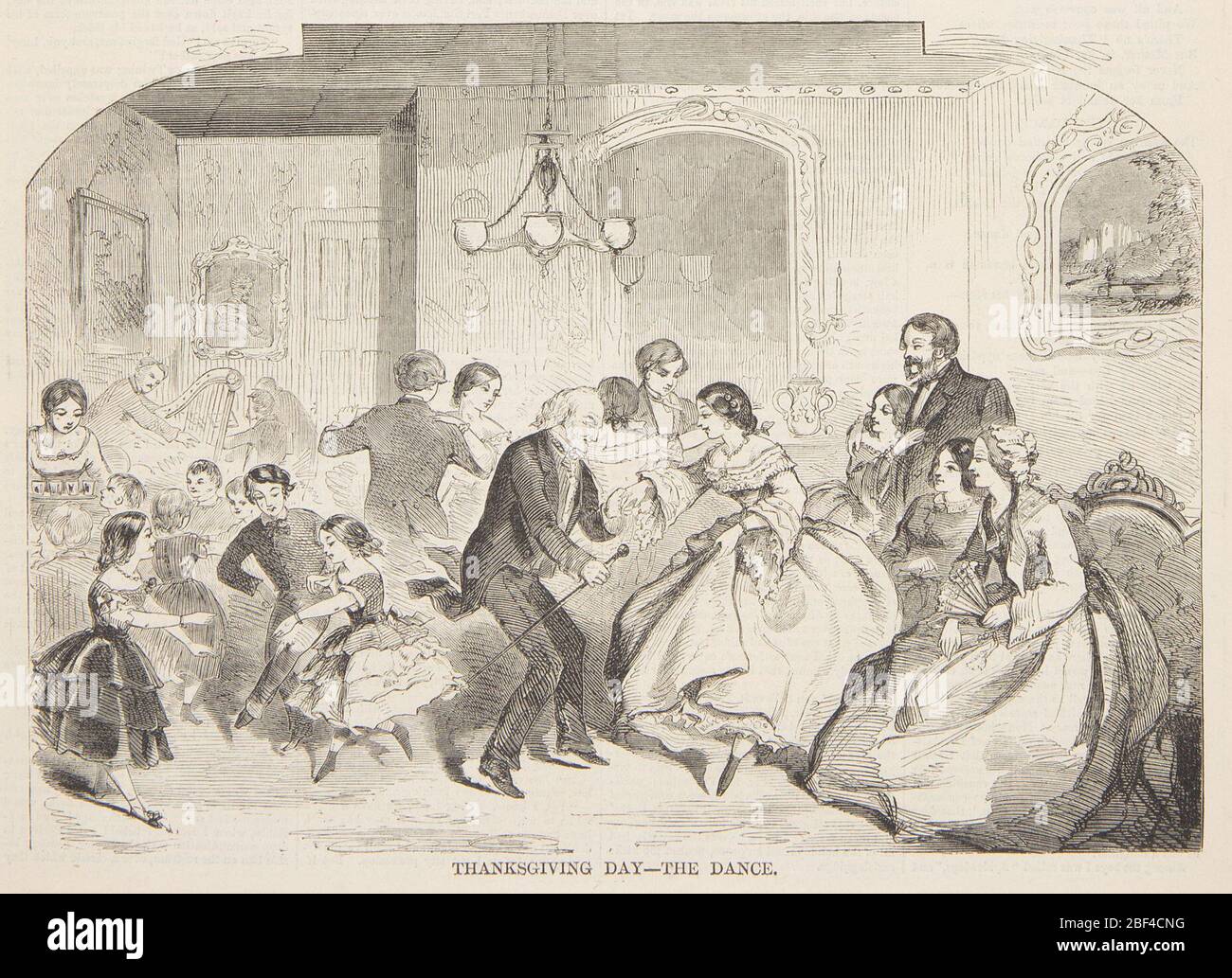 Thanksgiving Day The Dance. Adultes et enfants dansant dans le salon. Moitié inférieure de la page. Banque D'Images