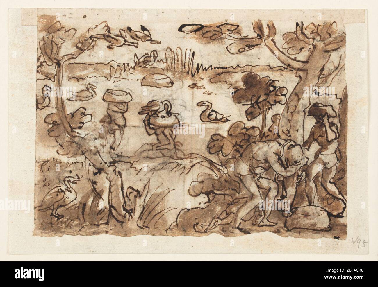 Recto chasse les canards utilisant des citrouilles dans le Verso des Antilles au-dessus de la chasse au crocodile dans le Verso du Nil sous les Tigers de chasse utilisant des pièges et des miroirs. Rectangle horizontal. Obverse : chasseurs utilisant des têtes de canard pour servir de leurres dans le piégeage des oiseaux. Chasseurs immergés dans l'eau portant le harnais. A gauche, deux chasseurs mettant sur les têtes (gourde). Banque D'Images