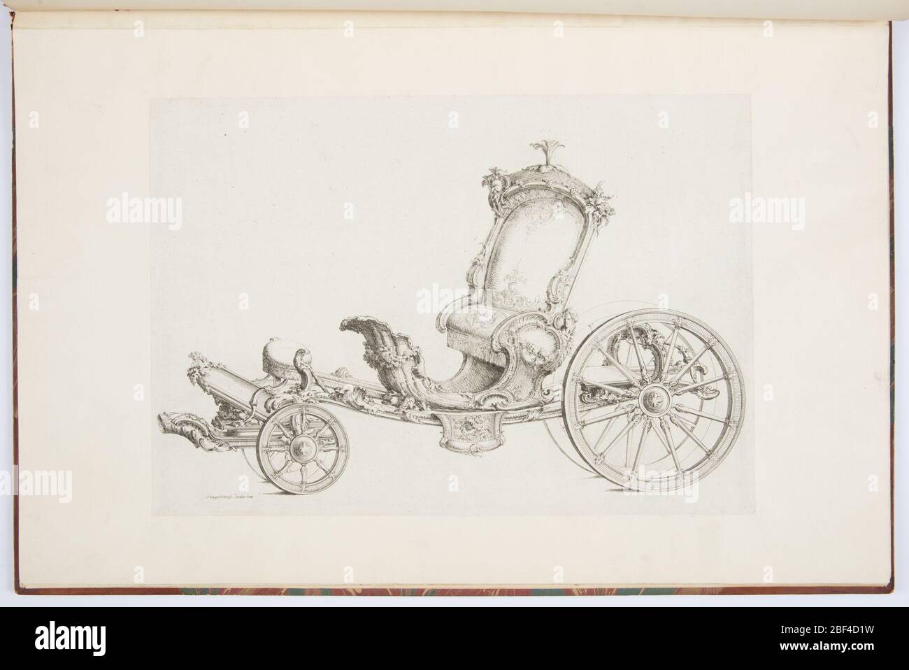 Design pour cabriolet. Conception pour un Cabriolet élaboré de la manière Rococo. Cabriolet est recouvert d'ornement floral avec deux masques sculptés dans lui. À l'avant, sous le siège conducteur, on voit ce qui est un plateau ou un miroir. Banque D'Images