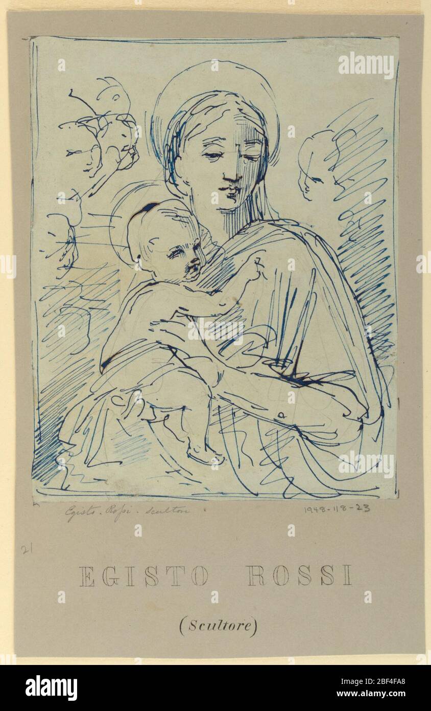 Madonna et enfant. Esquisse d'une Madonna d'une demi-longueur, face à gauche. Elle tient le Christ-enfant sur ses genoux, avec son regard dirigé frontally. Les têtes des anges apparaissent de chaque côté. Banque D'Images