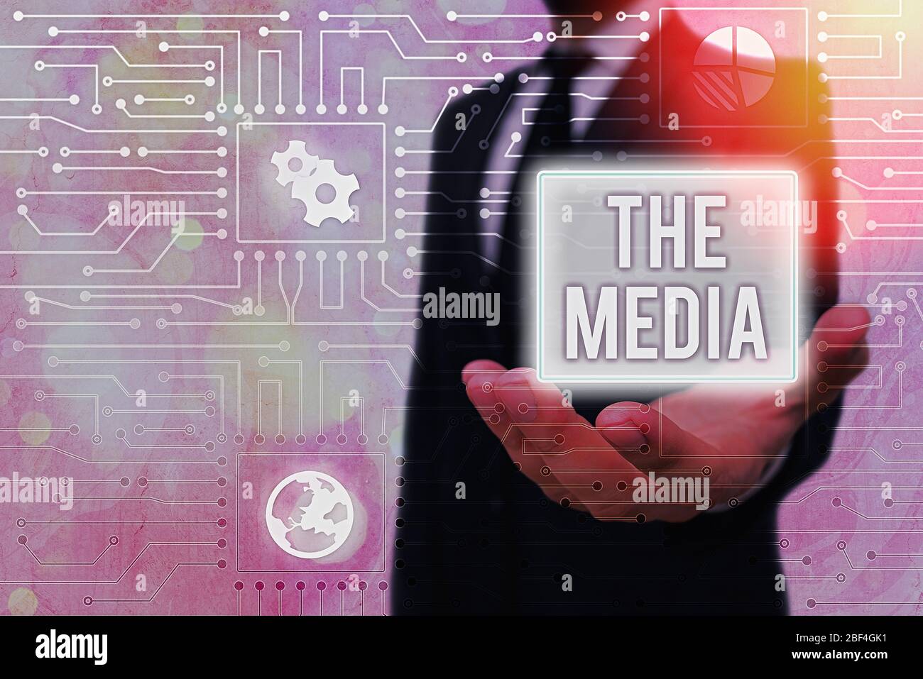 Main conceptuel écrit, indiquant les médias. Sens Concept principal moyen de communication de masse qui sont considérées collectivement Banque D'Images