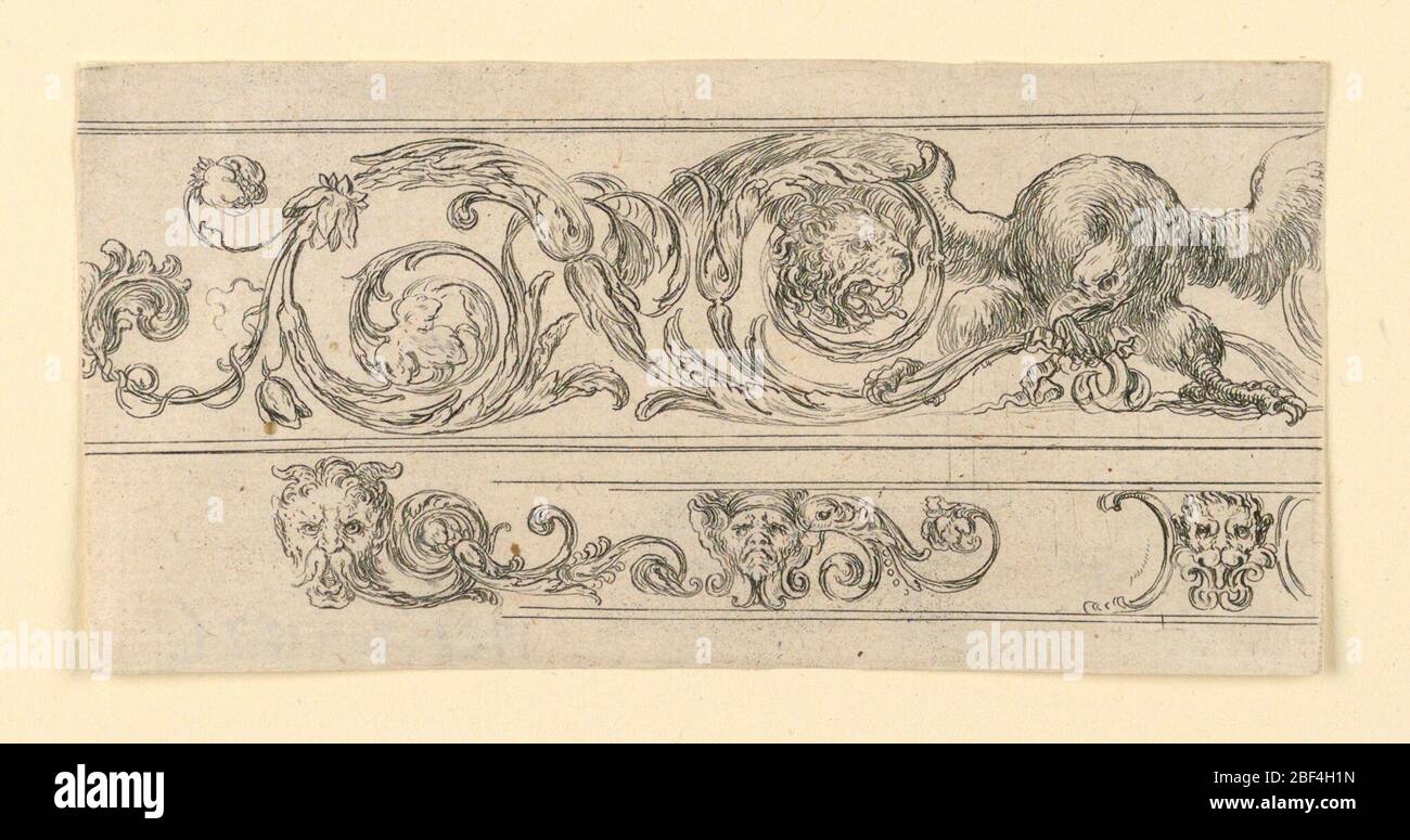 Plaque de Frites Feuillages et grottes frises Foliage et grottes. Rectangle horizontal montrant les faces de défilement acaanthus arabesques et grotesques. À droite, un homme portant une couronne de laurier. Banque D'Images