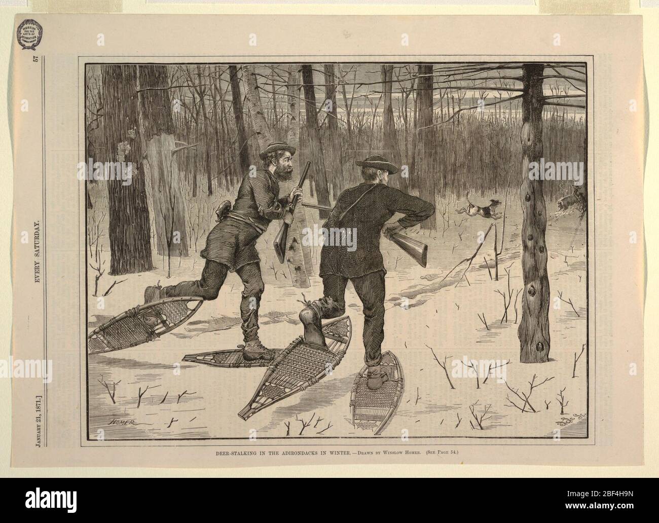 DeerStalking dans les Adirondacks en hiver à partir de chaque samedi 21 janvier 1871 p 57. Vue horizontale d'un espace dégagé dans les bois, avec deux hommes au premier plan, au centre et au centre gauche, portant des chaussures à neige et portant des fusils, se déplaçant vers un cerf à neige à la distance moyenne, à droite, étant attaqué par les chiens. Banque D'Images