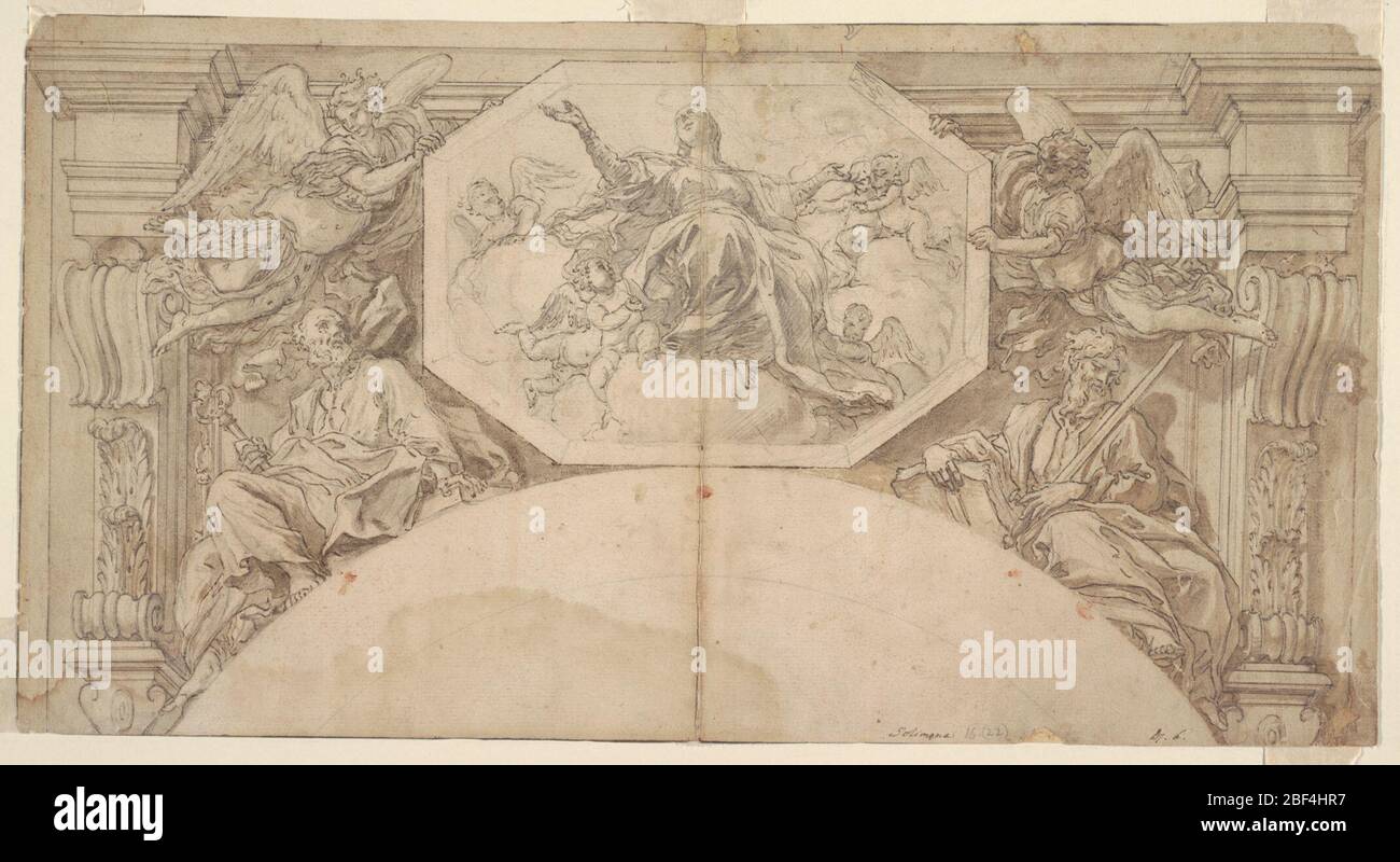 Virgin in Glory avec St Pierre et St Paul. Architecture peinte pour une fresque au-dessus et une voûte plantaire. Deux anges soutiennent une image encadrée de l'ascension de la Vierge. En bas de la séance : Saint-Pierre et Saint-Paul. Banque D'Images