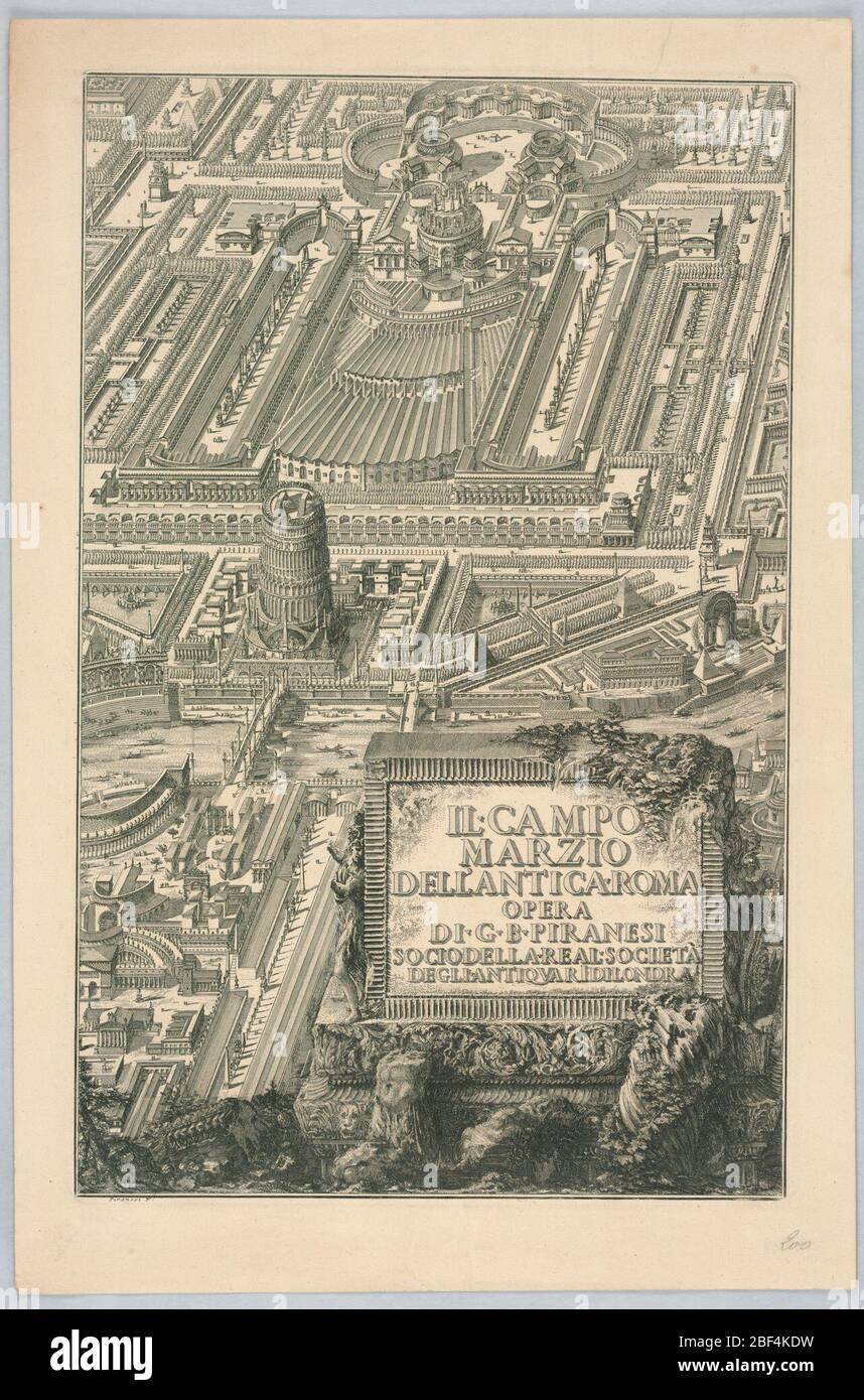 Page de titre il Campo Marzio delAntica Roma de la partie 20 des travaux complets de Giovanni Battista Piranesi. Petite section du Campus Martius dans un rectangle vertical. Banque D'Images