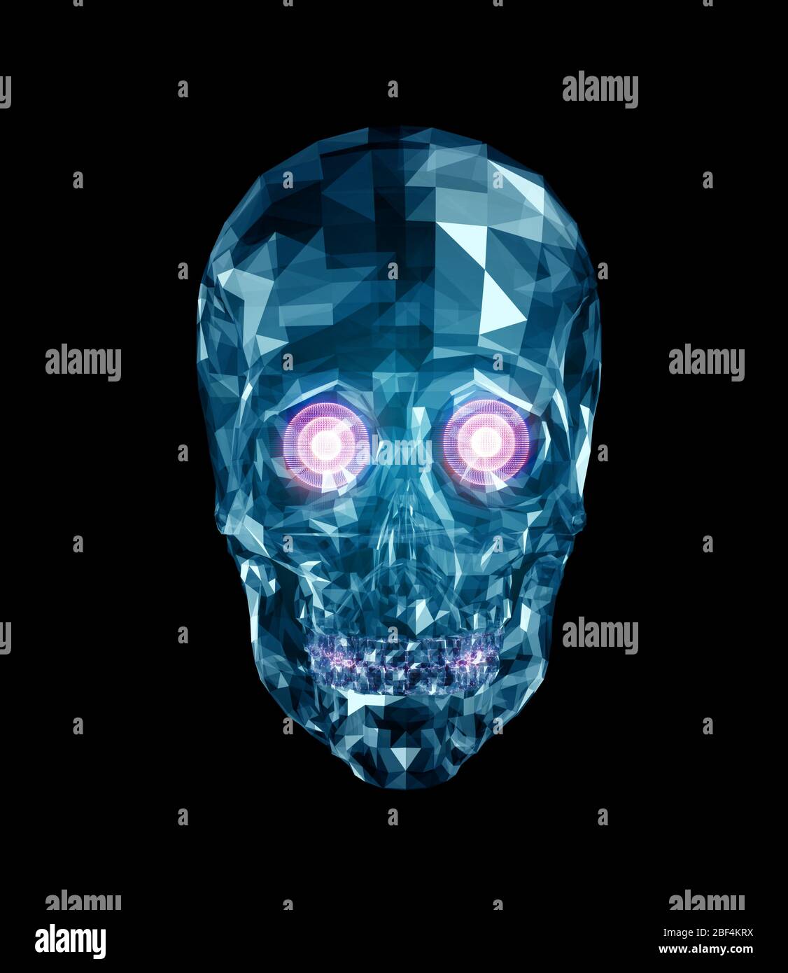 Crâne de cristal brillant avec yeux lumineux isolé sur fond noir. Intelligence artificielle et concept de Big Data Banque D'Images
