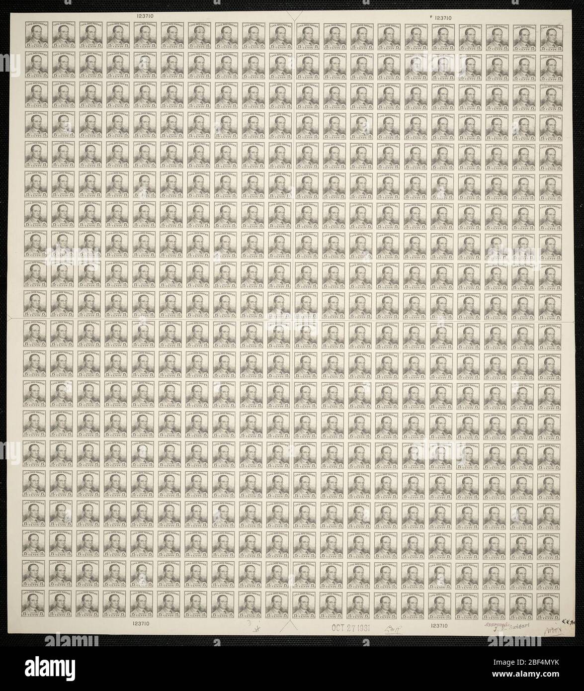 15°c Canal zone Jackson Smith plaque de protection. Les épreuves certifiées de plaque sont la dernière preuve imprimée de la plaque avant d'imprimer les timbres au Bureau de l'gravure et de l'impression. Ces épreuves de plaque sont uniques, avec les signatures et la date d'approbation. Banque D'Images