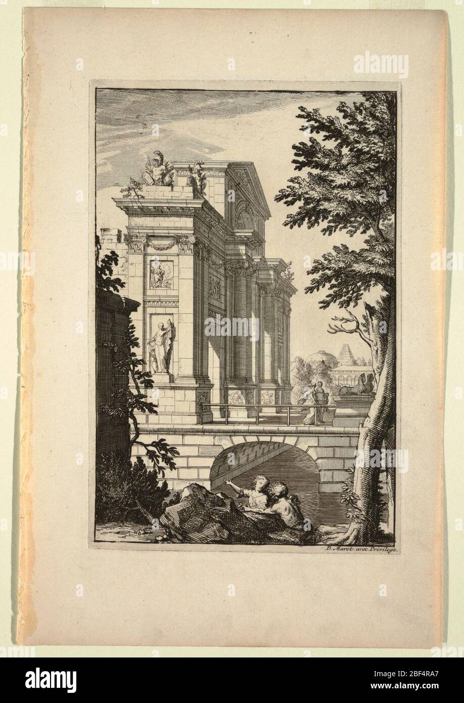 Assiette à Noubeaux Livre de Paysages Nouveau Livre des paysages. A gauche, il y a un grand bâtiment décoré de niches remplies de statues et d'amphores. Le bâtiment est entouré d'un lac mangé avec des cygnes. Les arbres peuvent être vus partout, y compris un grand arbre sur la gauche. Les femmes figures gestuelles au bâtiment. Banque D'Images