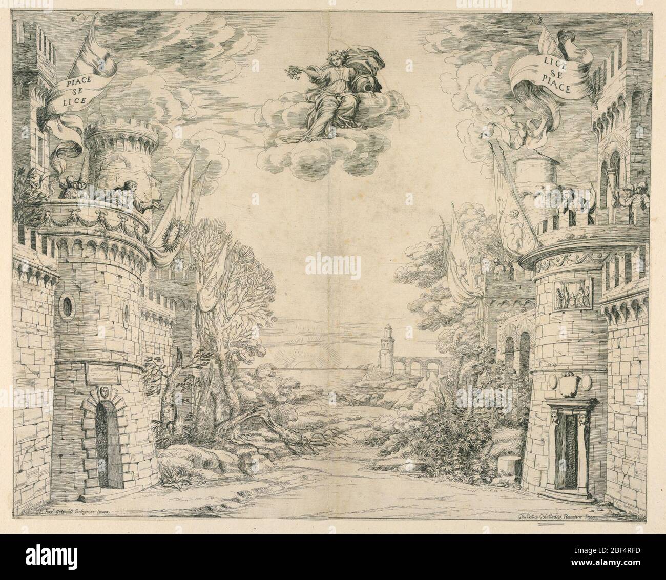 Jeu de scène pour il Trionfo della Piet. Rectangle horizontal. Un paysage rocheux s'ouvre sur la mer, avec le soleil couchant. Châteaux de chaque côté, avec des figures gestuelles des remparts. Banque D'Images