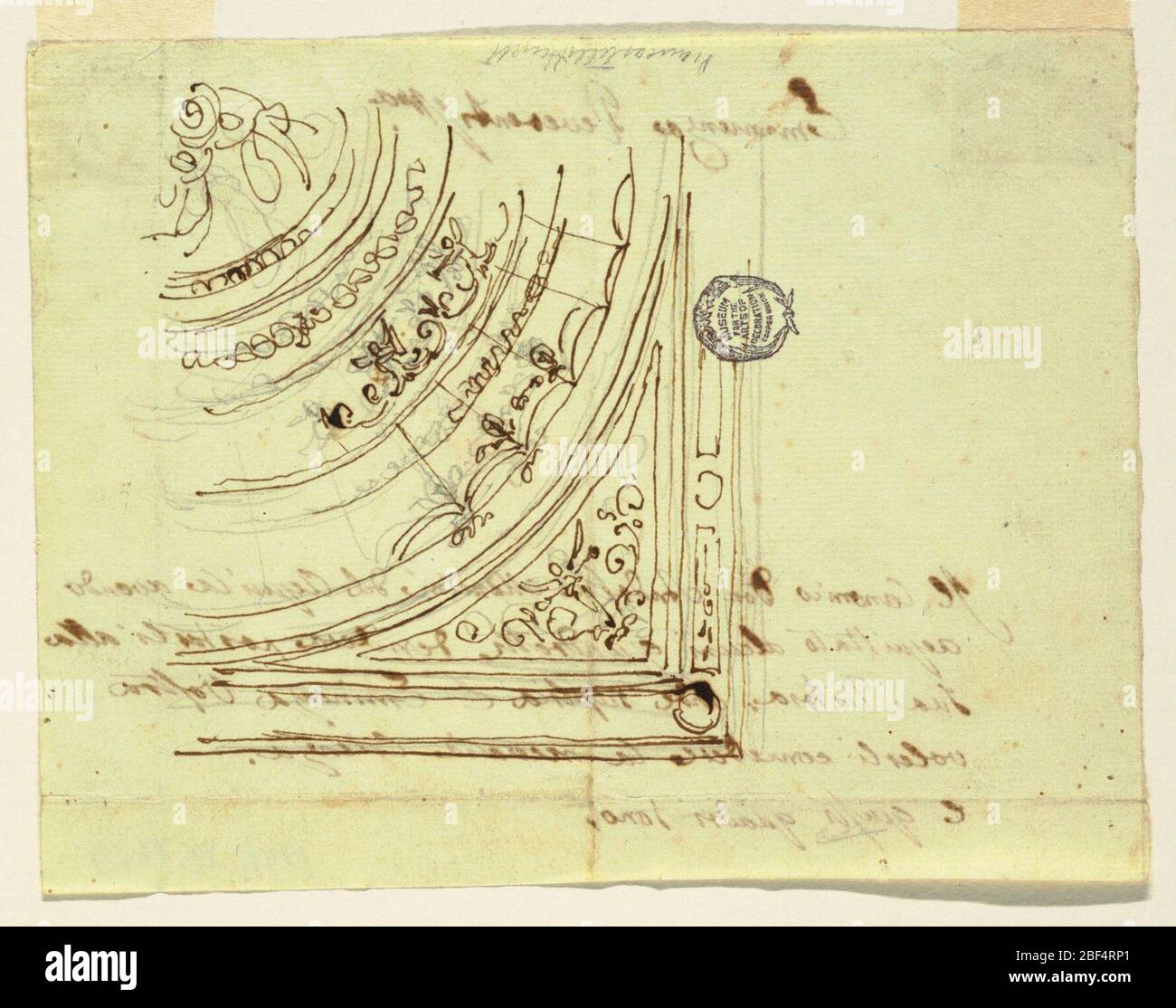 Conception pour un trimestre d'un plafond. Rectangle vertical : un quart. Bordure de cadrage extérieure, dans laquelle les cercles sont insérés. Au coin se trouve un panneau avec une femme debout et aidée entre les rinceaux. Le cercle central avec des personnages est surdécoré par des bandes avec des décorations, l'extérieur a le motif de tente. Banque D'Images