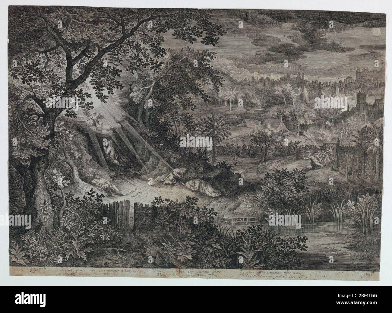 Christ priant dans le jardin d'Ovives. Paysage avec arbres. Gauche, Christ priant, ange au-dessus de lui. Au milieu du centre, deux disciples s'endorment. Distance, chiffres et maisons. Banque D'Images