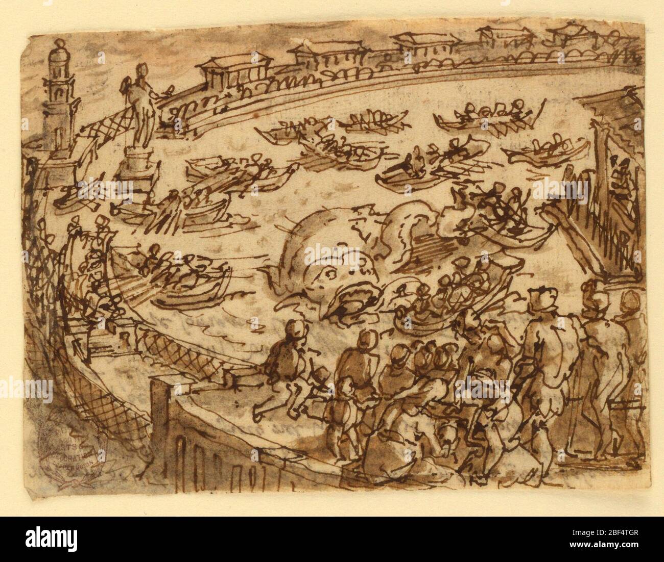 Chasse aux baleines recto par l'empereur Claudius dans le port à Ostia Verso inscription relative à Pliny The Elders Natural History Book 9 ch 5. Recto: Un grand serpent de mer est contenu dans un boîtier ovale annelé. Un groupe de personnes, à droite, regardent les activités d'un certain nombre d'hommes, en bateaux ouverts, qui attaquent le serpent. Banque D'Images