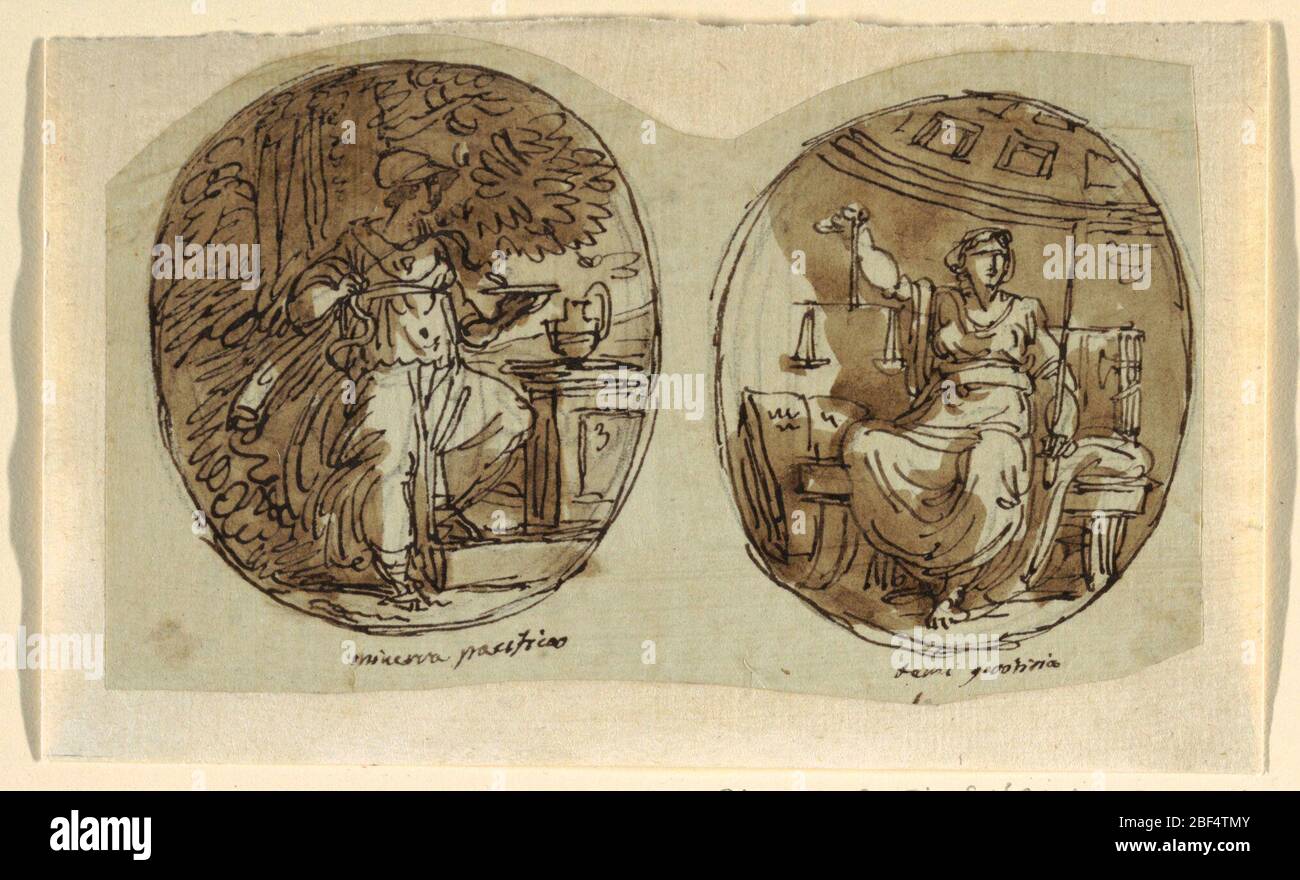 Minerva Design pour plafond voûté Sala dei Legislatori Palazzo ContiSinibaldi Faenza. Minerva se tient sous les arbres qui ont le pied gauche sur la base du socle, sur lequel repose le pichet. Elle tient le serpent qui boit du bol tenu dans sa main gauche. Inscription: minerva pacifica. À droite, Themis assis sur jeté, décoré de fasces. Banque D'Images