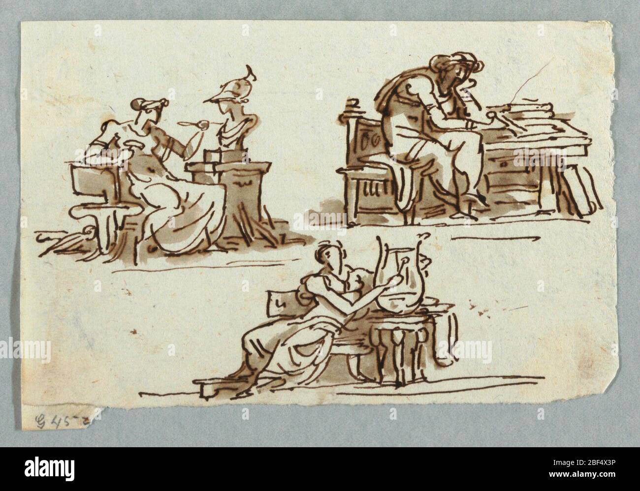 Allégories de l'architecture et de la musique de Sculpture. En haut à gauche, une femme sculpte un buste de Minerva. À droite, une femme mesure avec un compas. En dessous, une femme assise joue un lyre. Banque D'Images