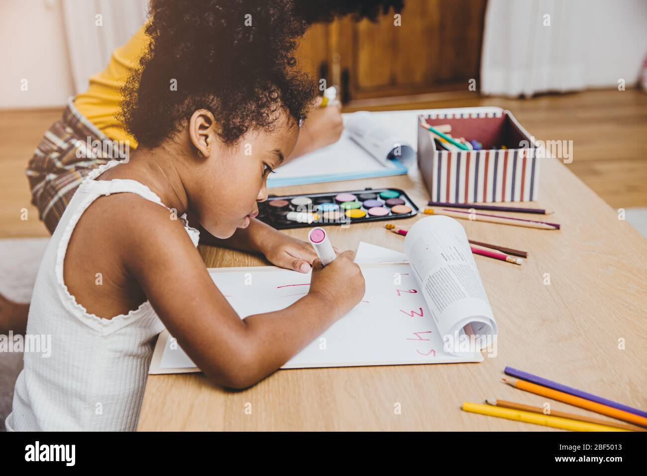 American Black fille maternelle enfants faisant des devoirs d'apprentissage avec sa sœur vivant ensemble à la maison. Banque D'Images