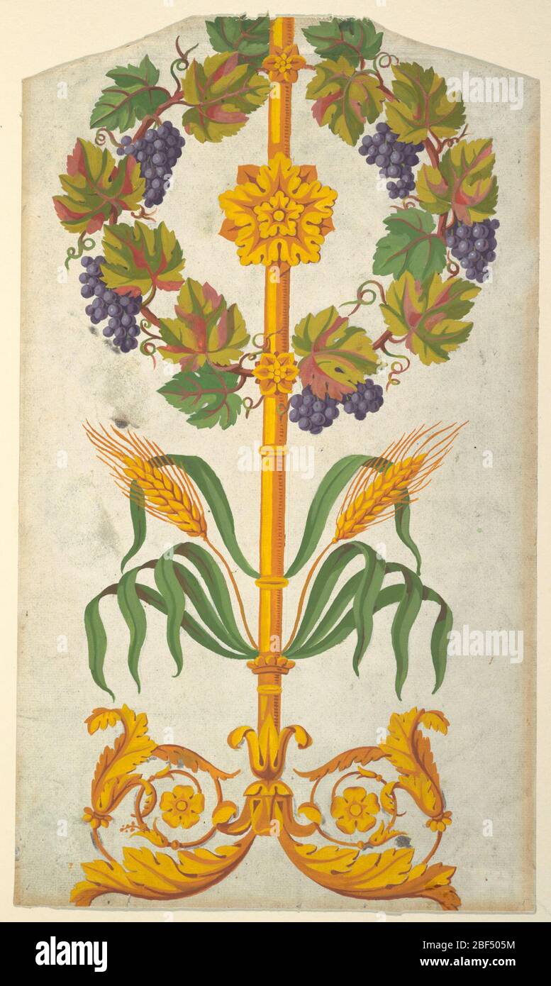 Conception d'un tissu tissé. Un poteau métallique s'élève d'un calice qui est soutenu par deux spirales d'acanthus. Le poteau est entouré de anneaux. Les feuilles et deux oreilles de grain poussent de lui dans la partie laoteuse. Banque D'Images