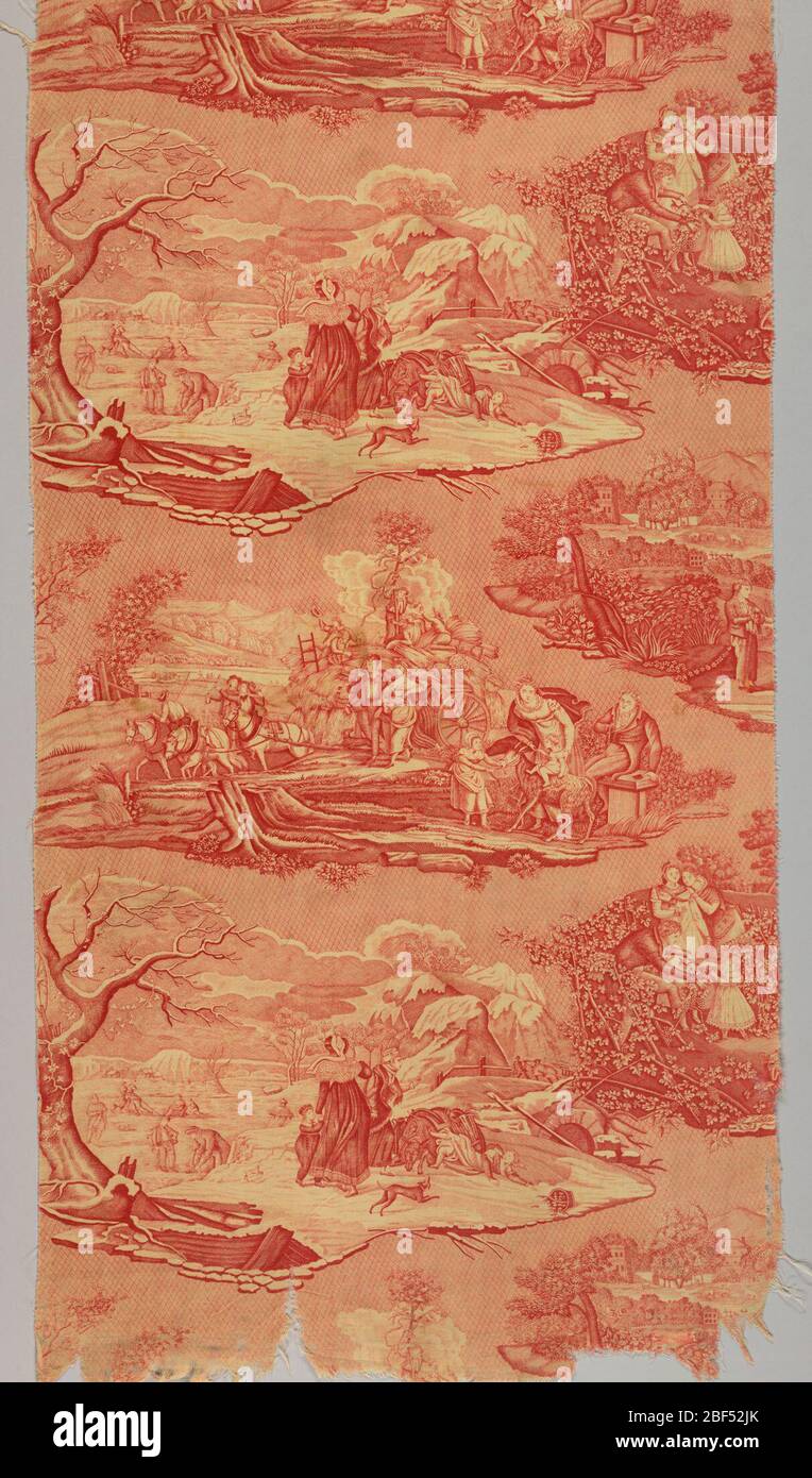 Textile. Le modèle de l'ensemble en rouge de quatre scènes représentant les quatre saisons: L'ete (été) un wagon de blé dans un champ ouvert; l'hiver (hiver) les figures sur une rive enneigée d'un étang; Printemps (printemps) et automne (automne) sont incomplètes. Banque D'Images