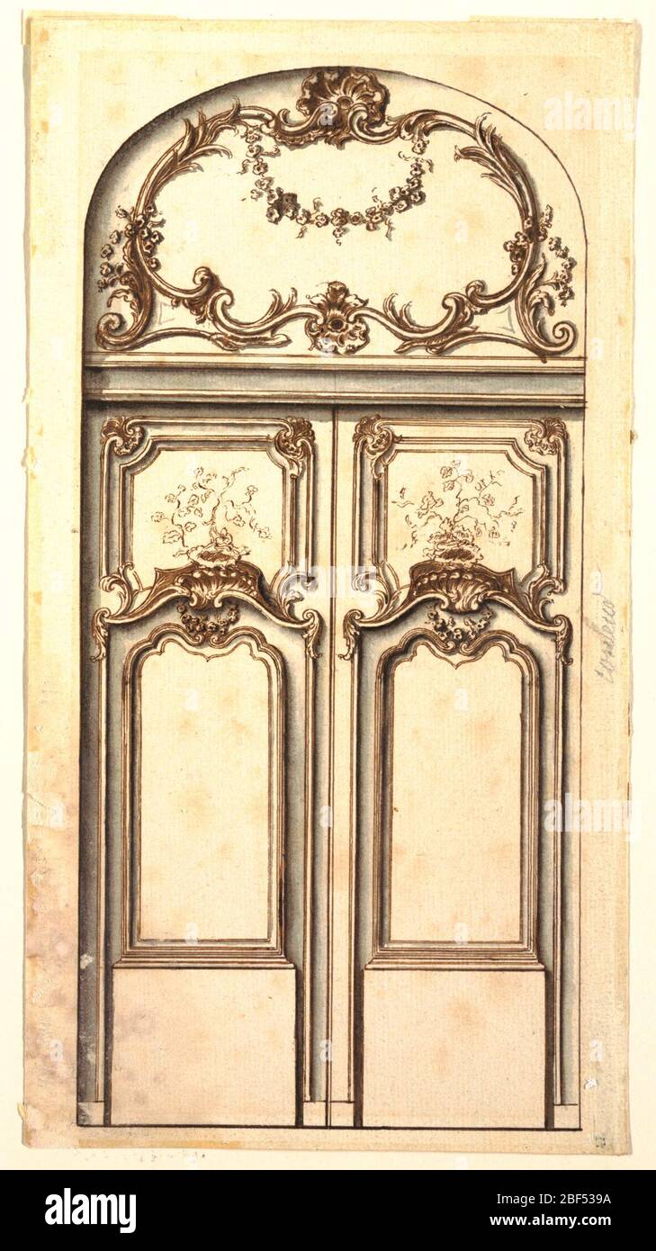 Conception d'une porte. Un schéma simplifié avec motifs Louis XV dispersés. La section de la lunette montre un panneau avec un bouclier. Banque D'Images