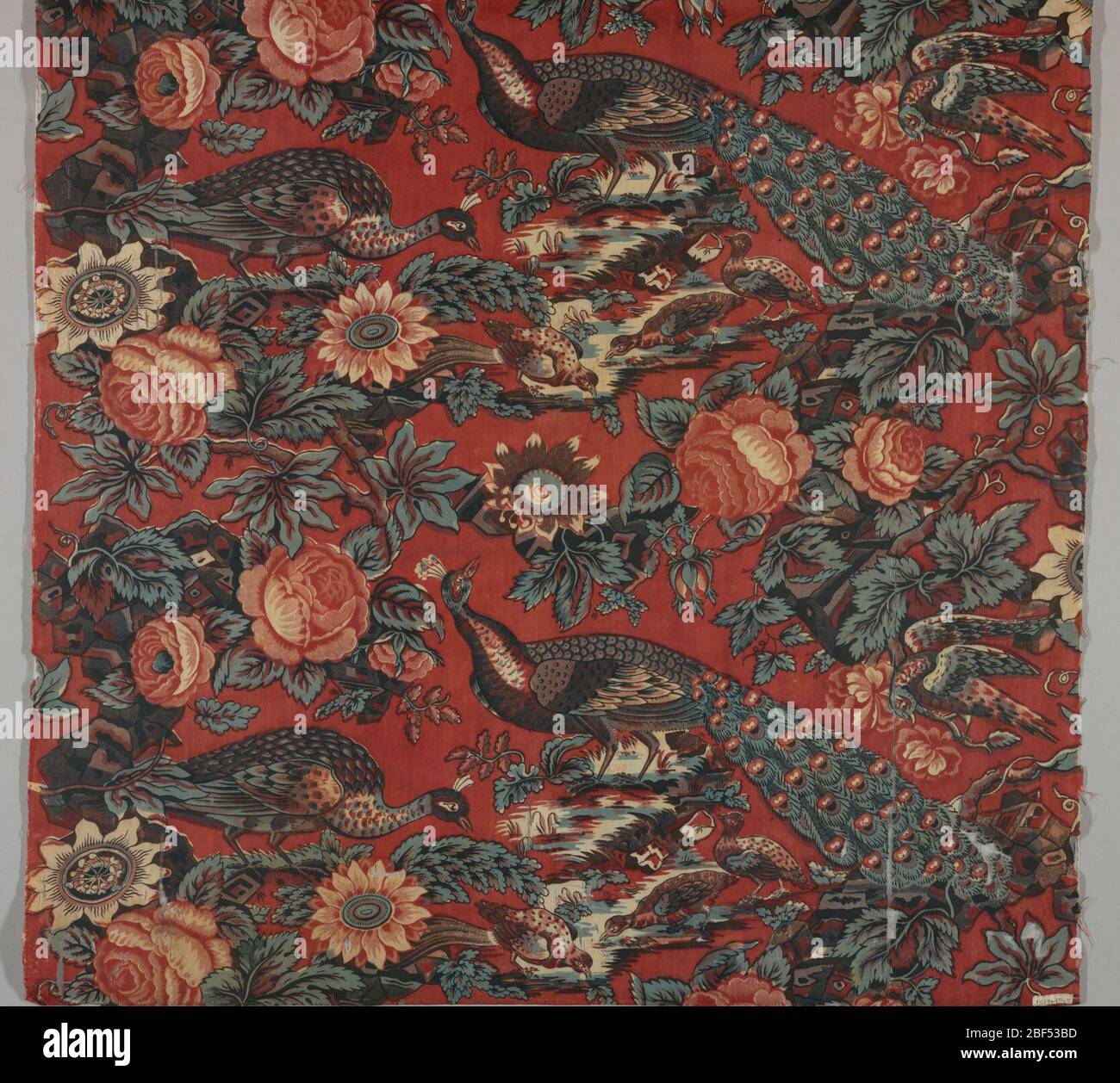 Textile. Paons, peahens et petits oiseaux avec des roses et d'autres fleurs comme fond. Banque D'Images