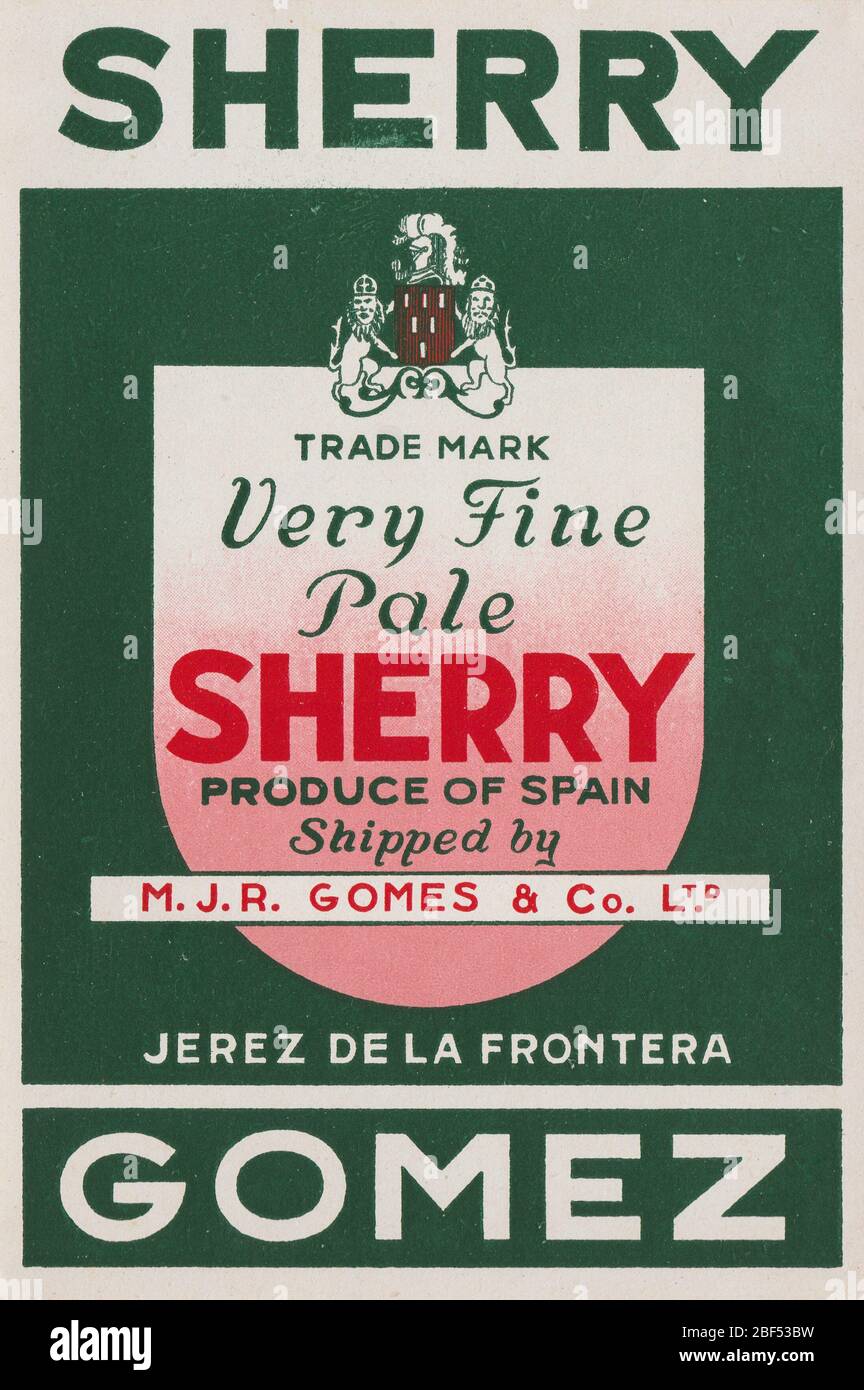 Label vintage de très fine Pake Sherry d'Espagne. Le sherry (espagnol: Jerez) est un vin fortifié à base de raisins blancs qui sont cultivés près de la ville de Banque D'Images