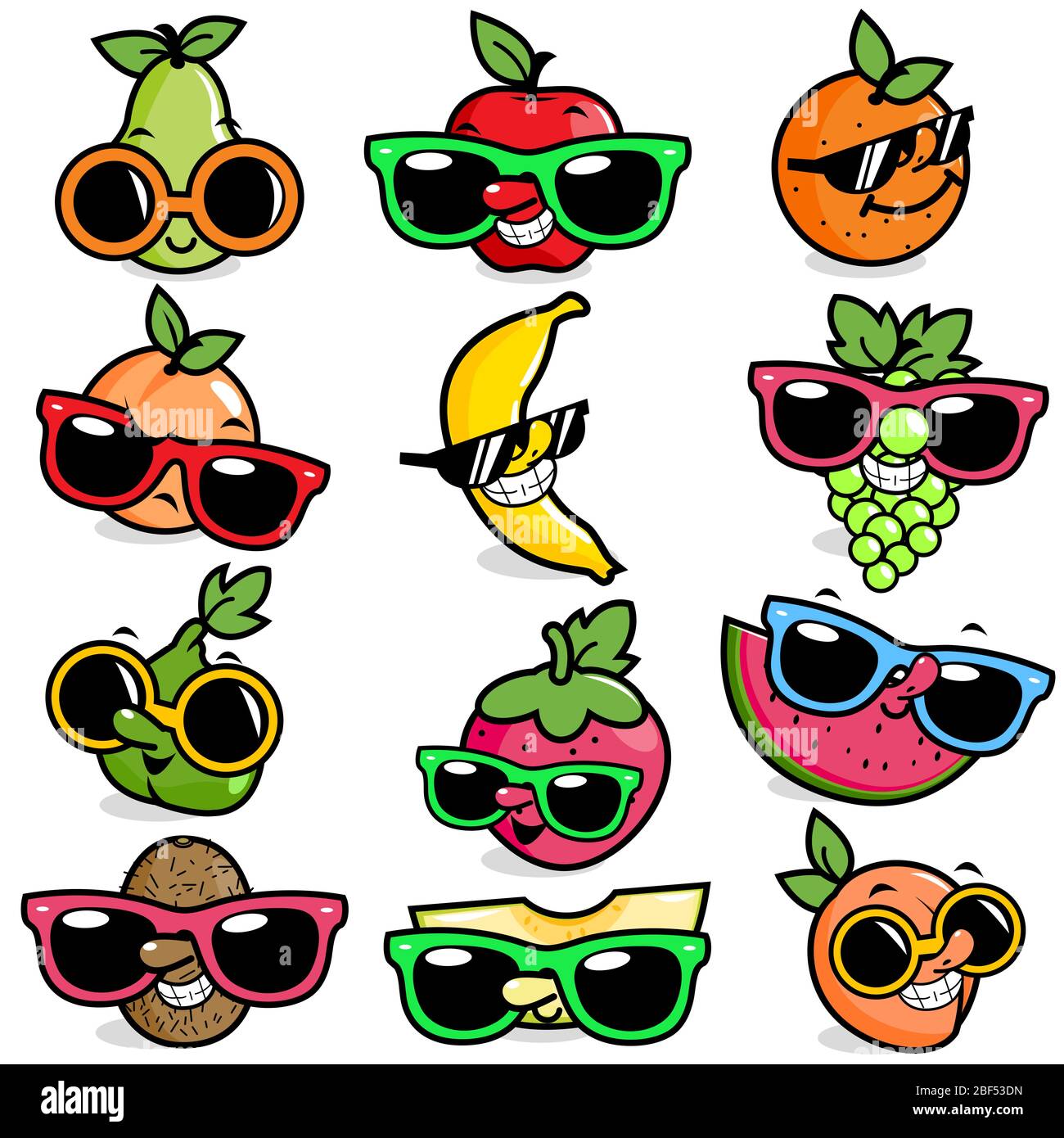 Collection colorée de personnages de fruits drôles tropicaux d'été. Ensemble de personnages de fruits de bande dessinée avec des lunettes de soleil. Banque D'Images